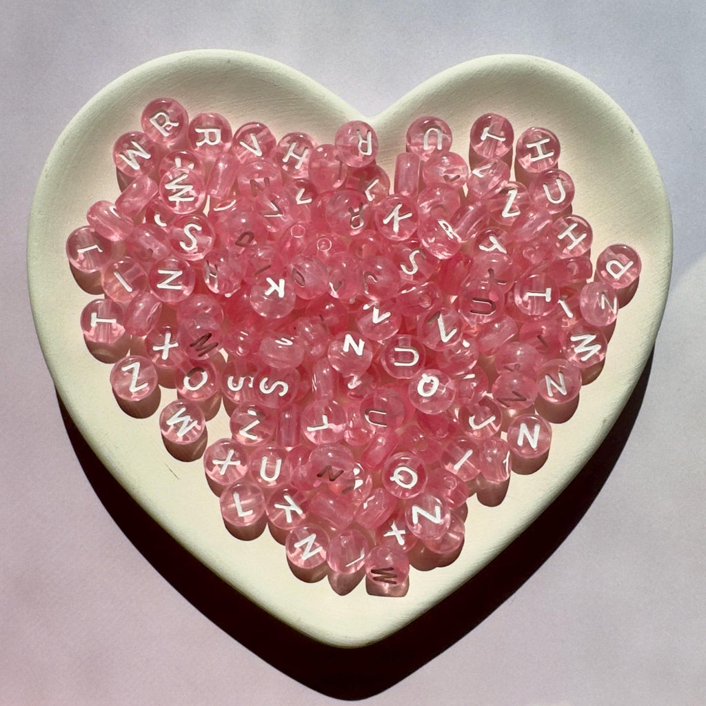 Translucent Pink Letter Beads: 7x4mm Alphabet Beads A-Z, 10 of Each Letter