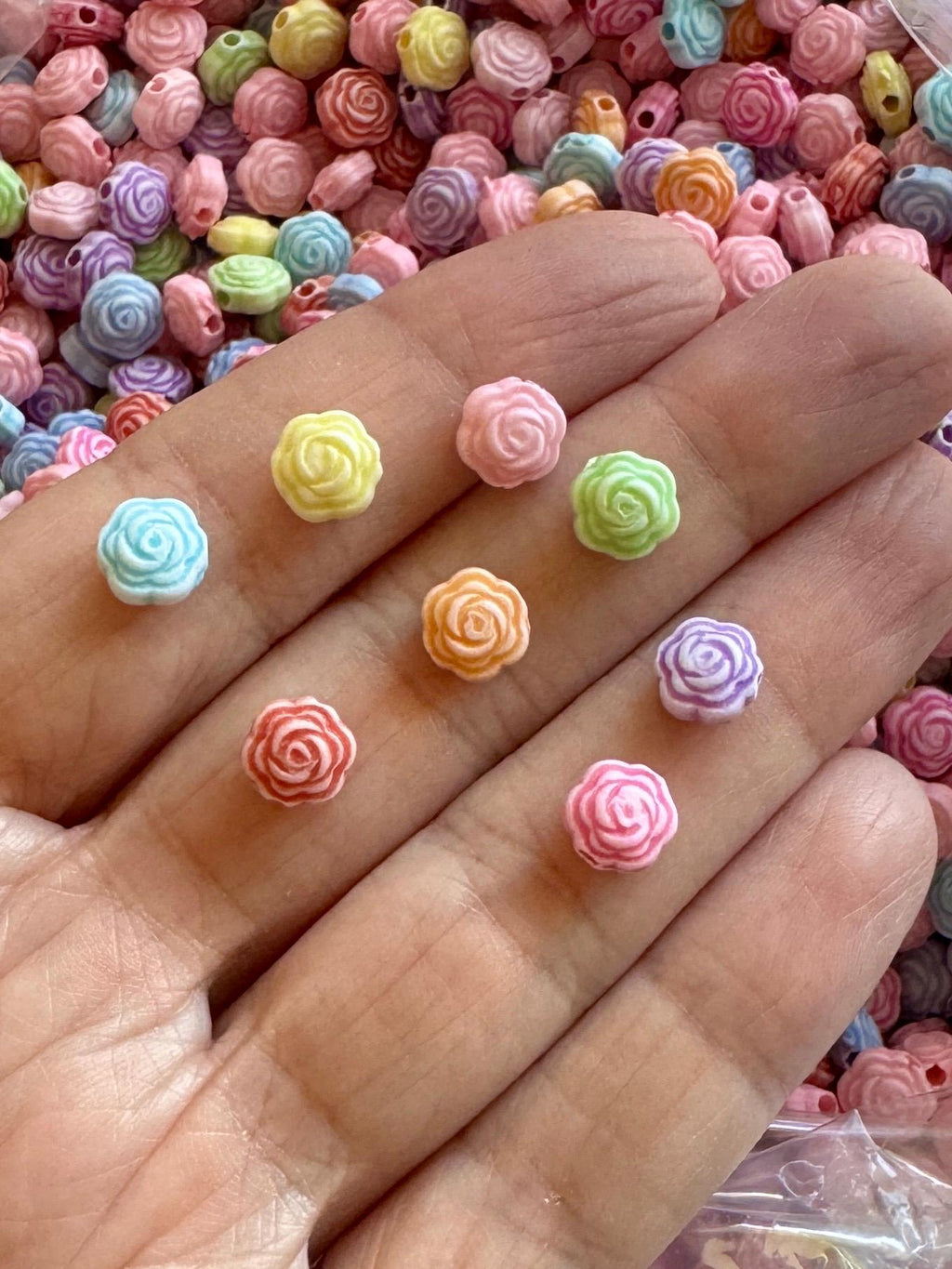 Tiny Flower Beads, Acrylic, Mixed Colors, 7.5x5mm, Hole: 2mm, 100 pcs