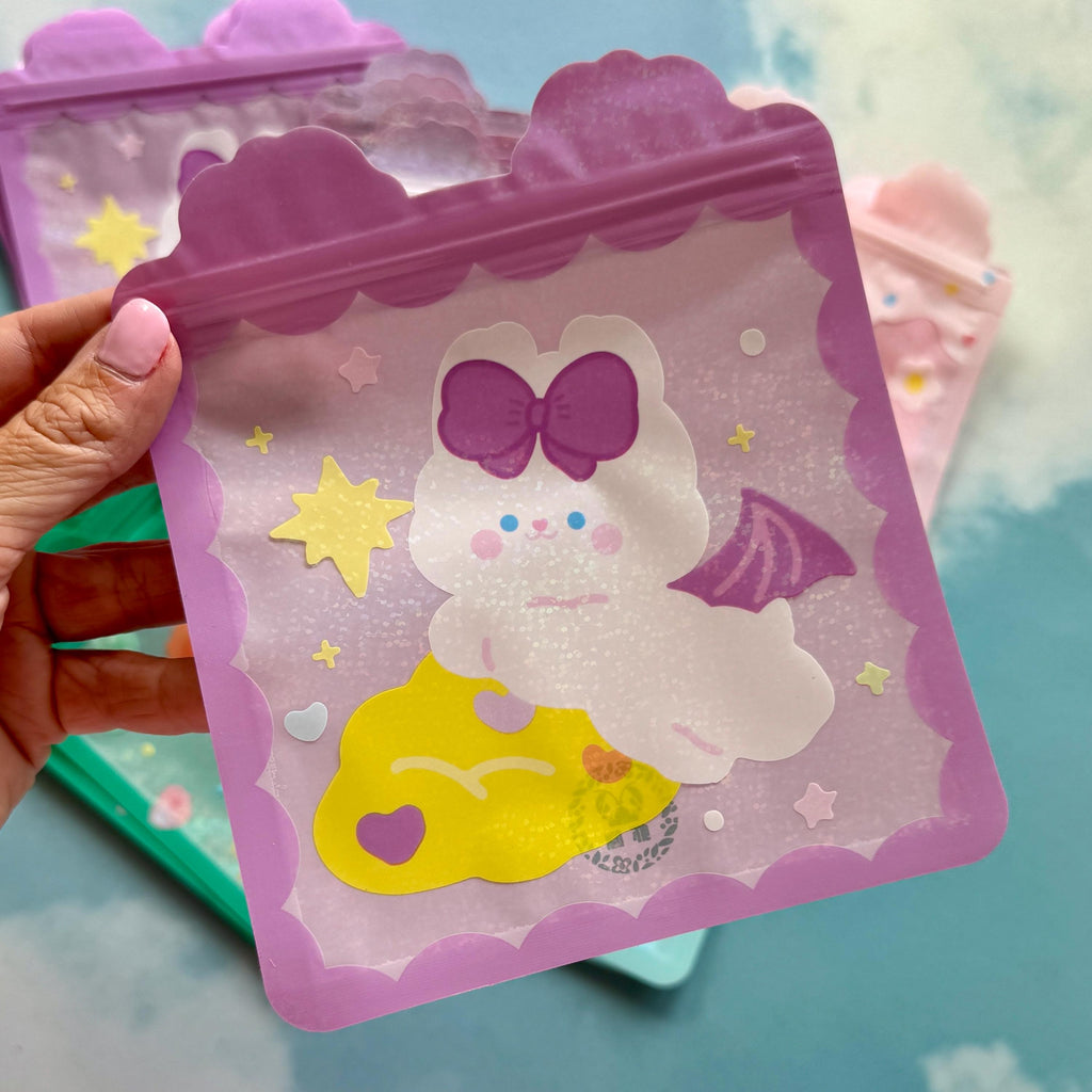Qty 25 Holographic Kawaii Zip Bags, Pastel Character Pouches, 5 of Each Color, 16x16.5cm