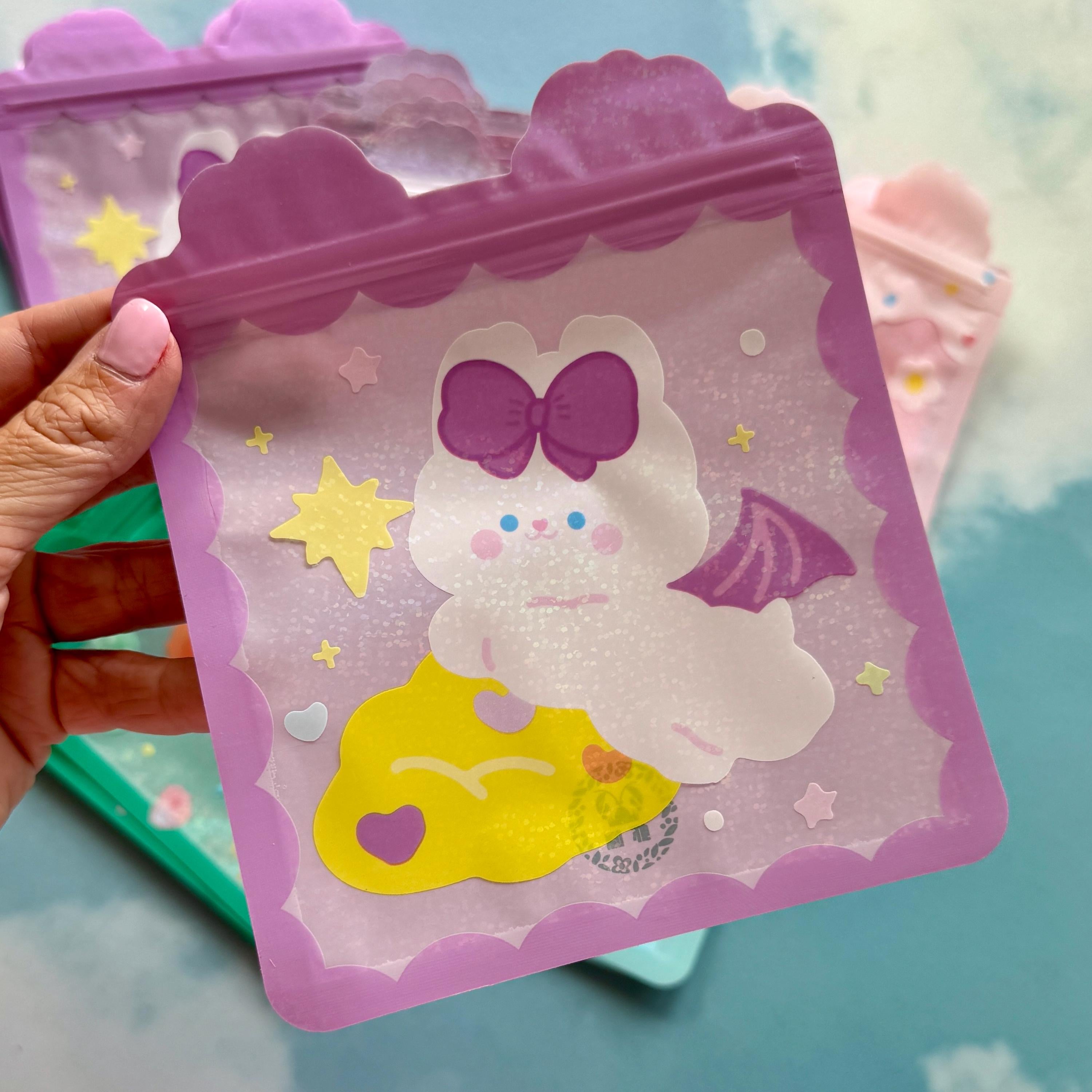 Qty 25 Holographic Kawaii Zip Bags, Pastel Character Pouches, 5 of Each Color, 16x16.5cm