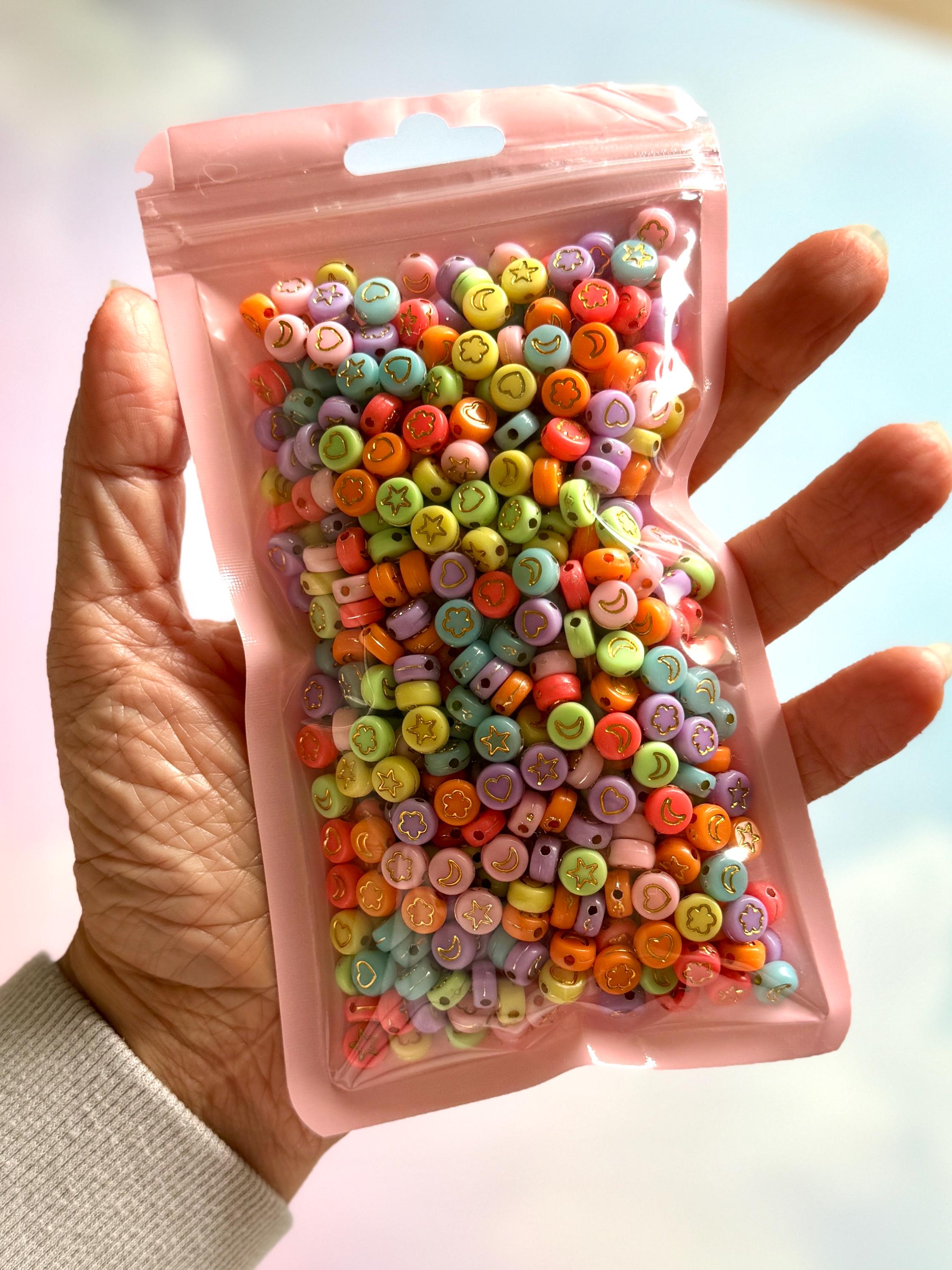 500 Bright Acrylic Spacer Beads with Gold Symbols