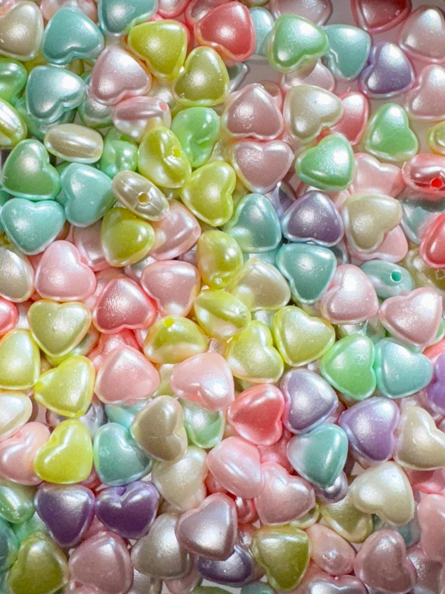 Pearlescent Heart Beads, Acrylic, Mixed Colors, 8.6x9x4.7mm, Hole: 1.5mm, 100 Pieces