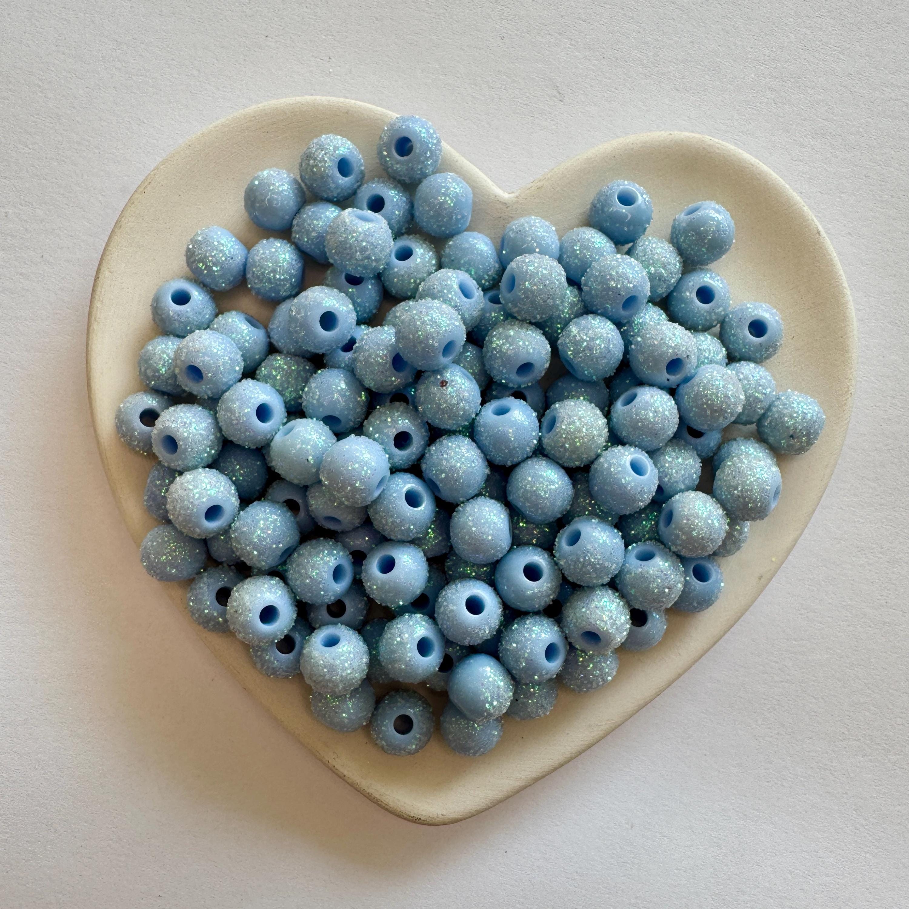30 pieces, 8.5mm Glitter Sky Blue Acrylic Beads, Round, 8.5x7mm, Hole: 2mm
