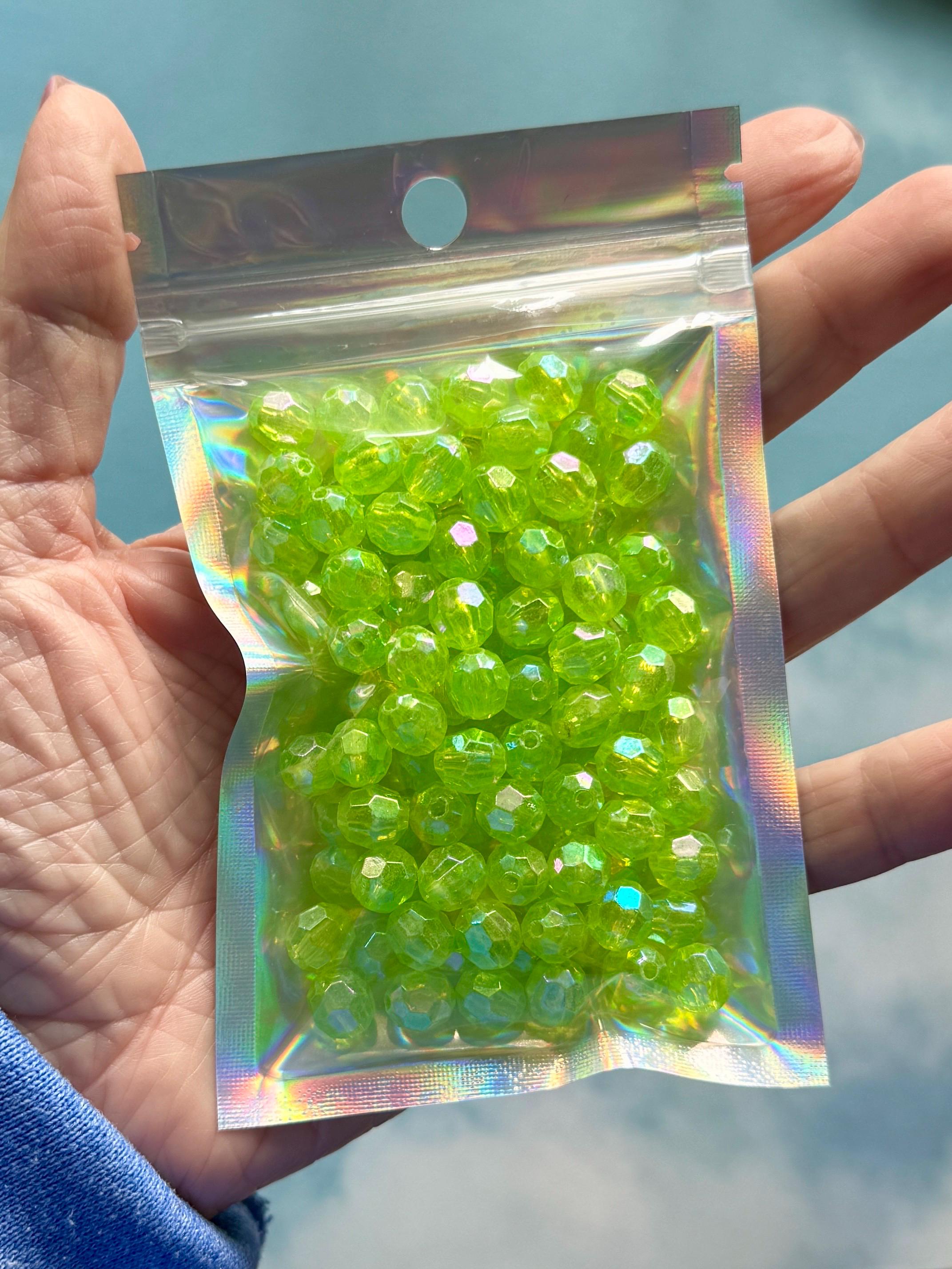 Lime Green Faceted Acrylic Beads, Round, AB Color, 8mm, Hole: 1.5mm, 50 pcs