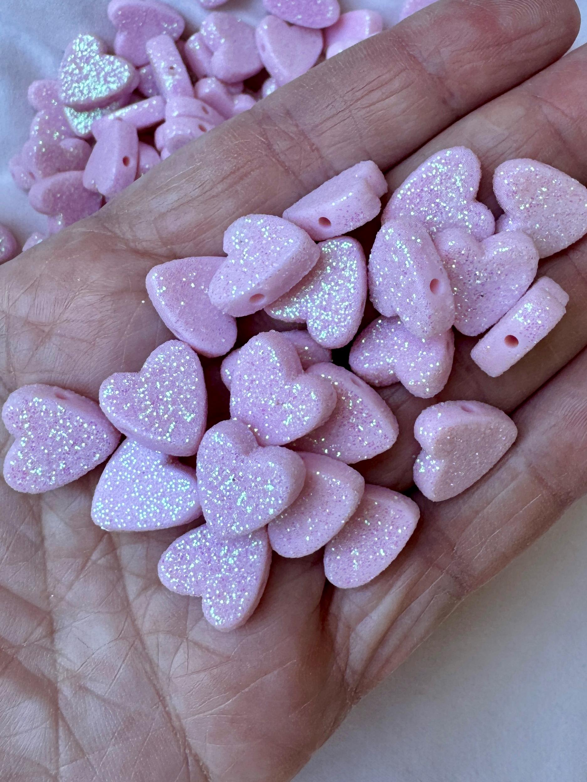 Pink Glitter Heart Beads, Acrylic, Horizontal Hole, 13.5x13x5mm, Hole: 1.5mm, 25 pcs
