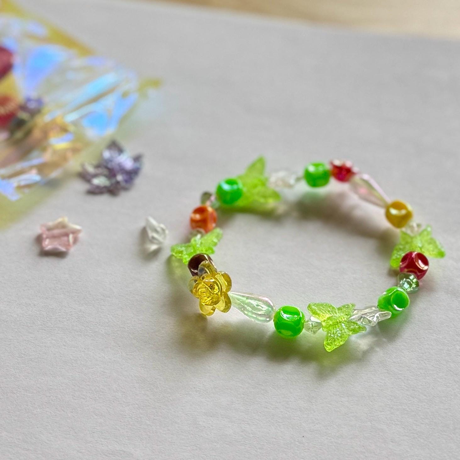 Acrylic Bead Mix with String, Glitter Butterfly Bracelet Kit