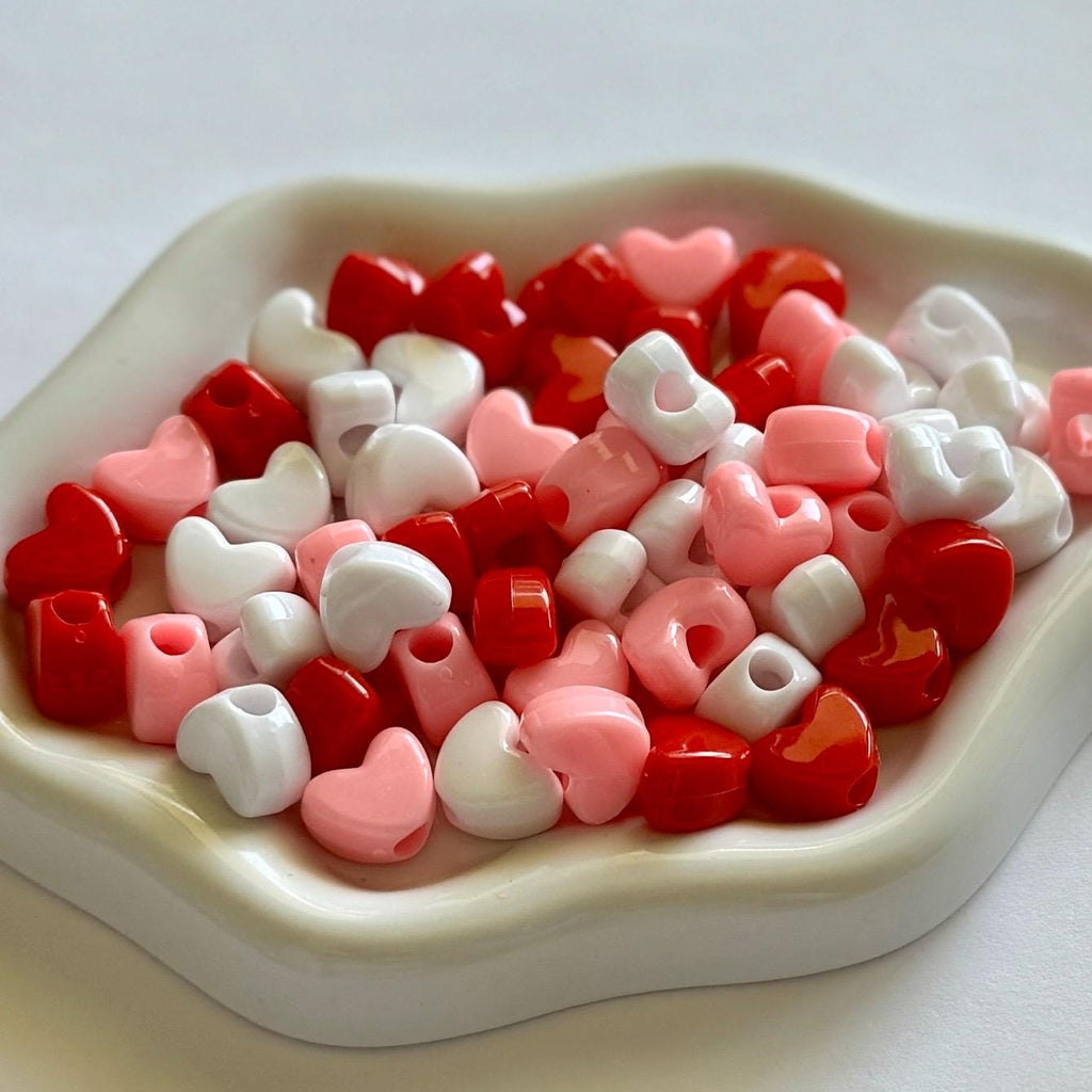 Pony Bead Heart Mix: White, Pink, Red Beads, 100 pcs