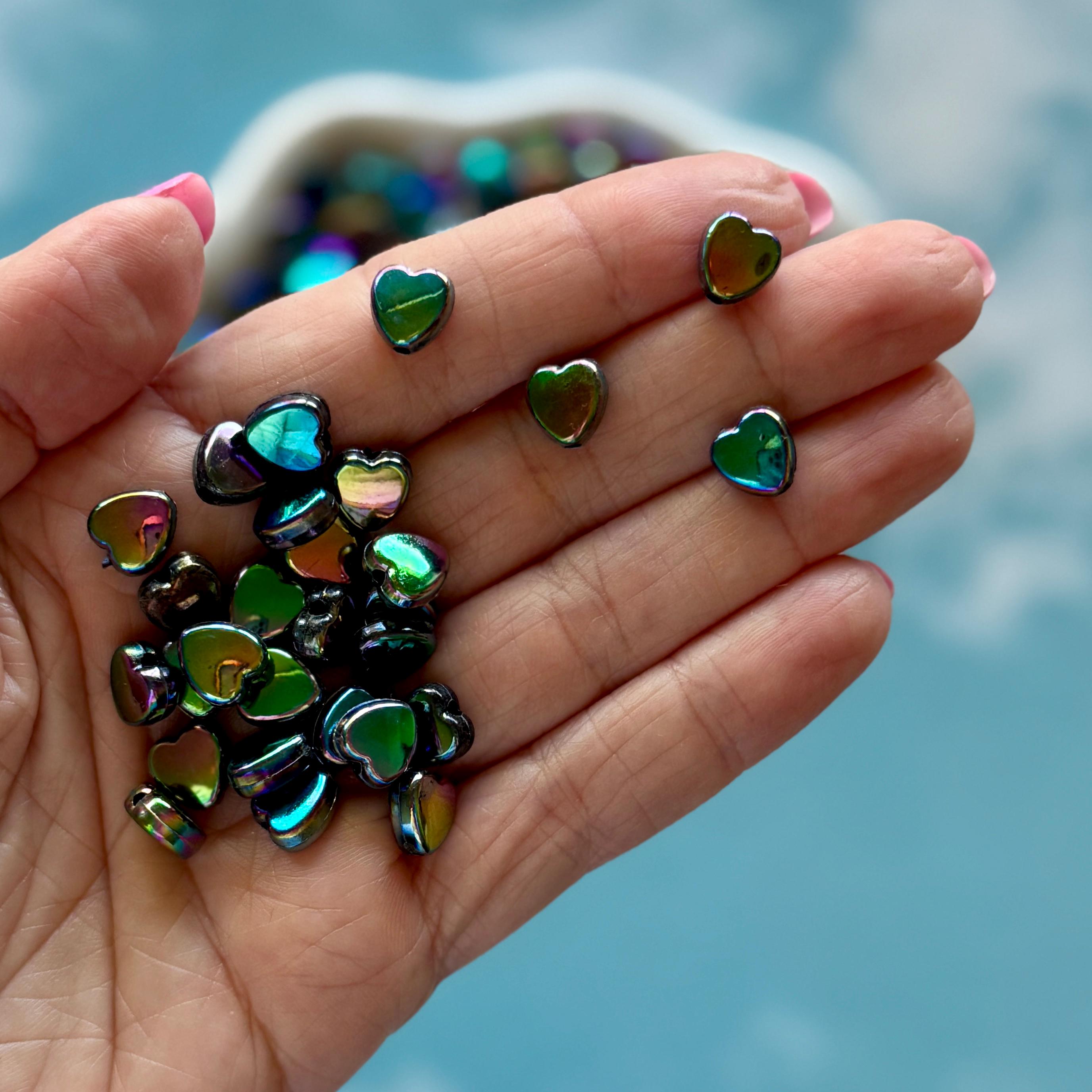 Black Multicolor 9mm Heart Beads, AB Plated, Hole: 1.6mm, 200 pcs