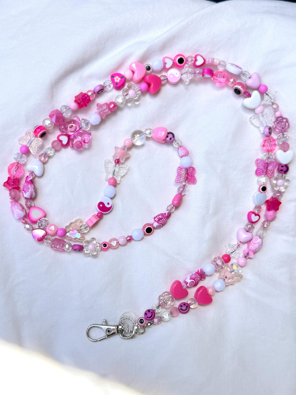 Pink Beaded Lanyard, Personalized Teacher Gift, Nurse ID Badge Holder, Y2K Kandi Kidcore Style