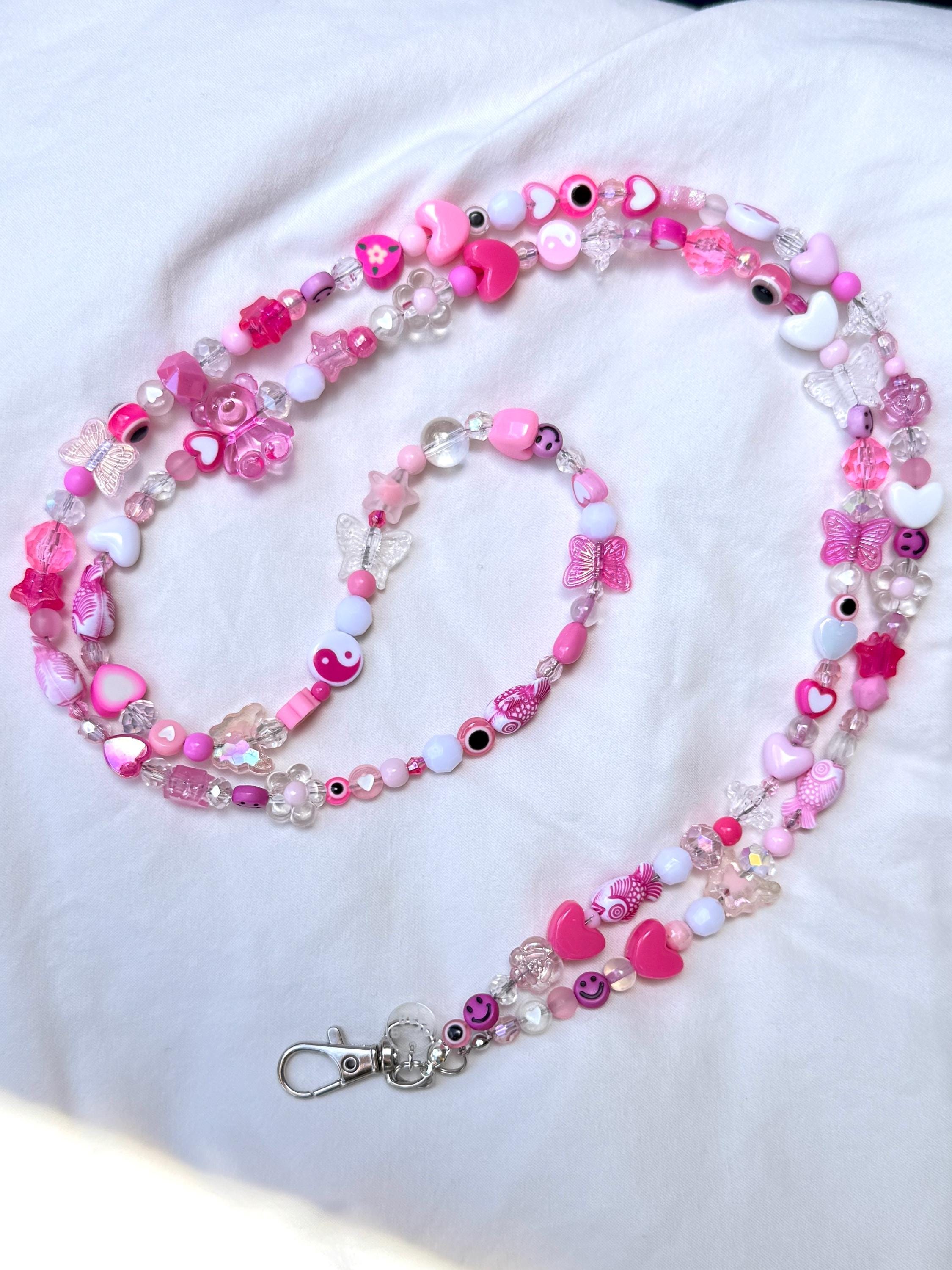Pink Beaded Lanyard, Personalized Teacher Gift, Nurse ID Badge Holder, Y2K Kandi Kidcore Style