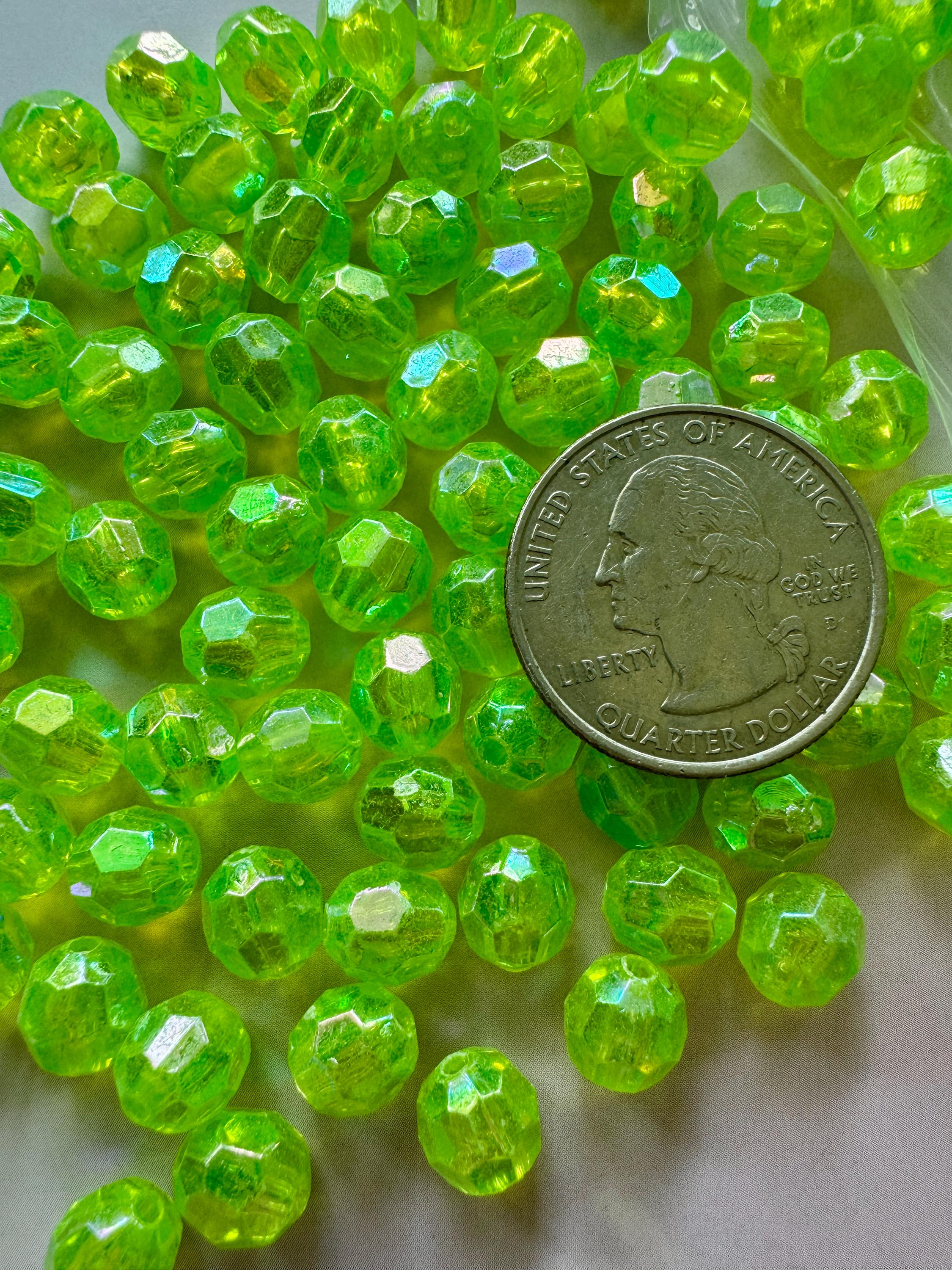 Lime Green Faceted Acrylic Beads, Round, AB Color, 8mm, Hole: 1.5mm, 50 pcs