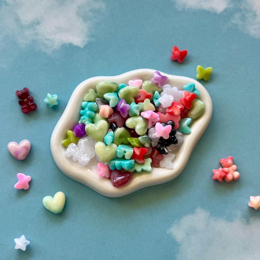Faux Gemstone Bead Mix: Butterflies, Stars, Hearts, and Teddy Bears, Acrylic, 40 pcs