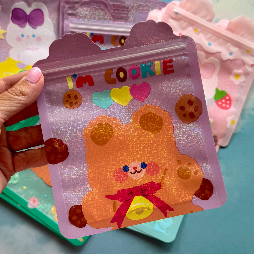 Qty 25 Holographic Kawaii Zip Bags, Pastel Character Pouches, 5 of Each Color, 16x16.5cm