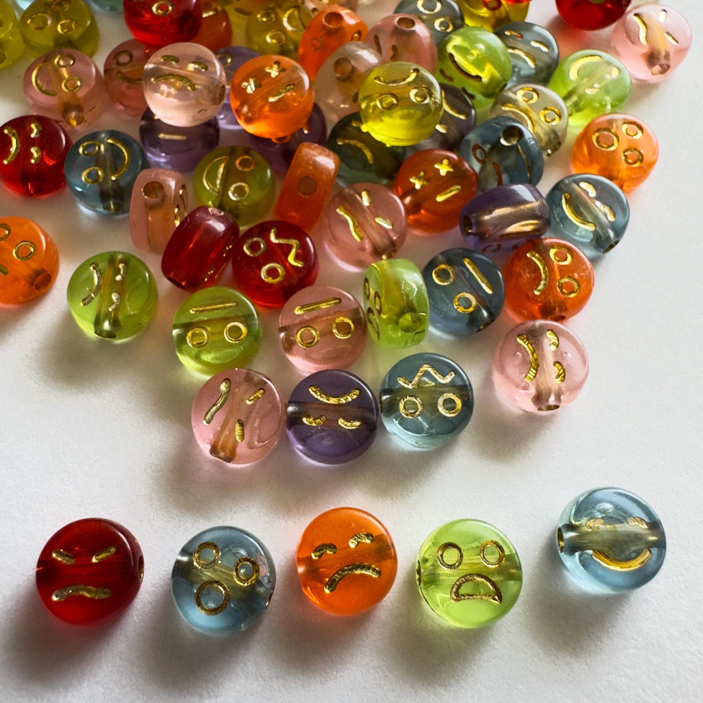 Colorful Metallic Emoji Beads - Transparent Acrylic Funny Face Beads, Gold Inlay, 7x4mm, 100 pcs