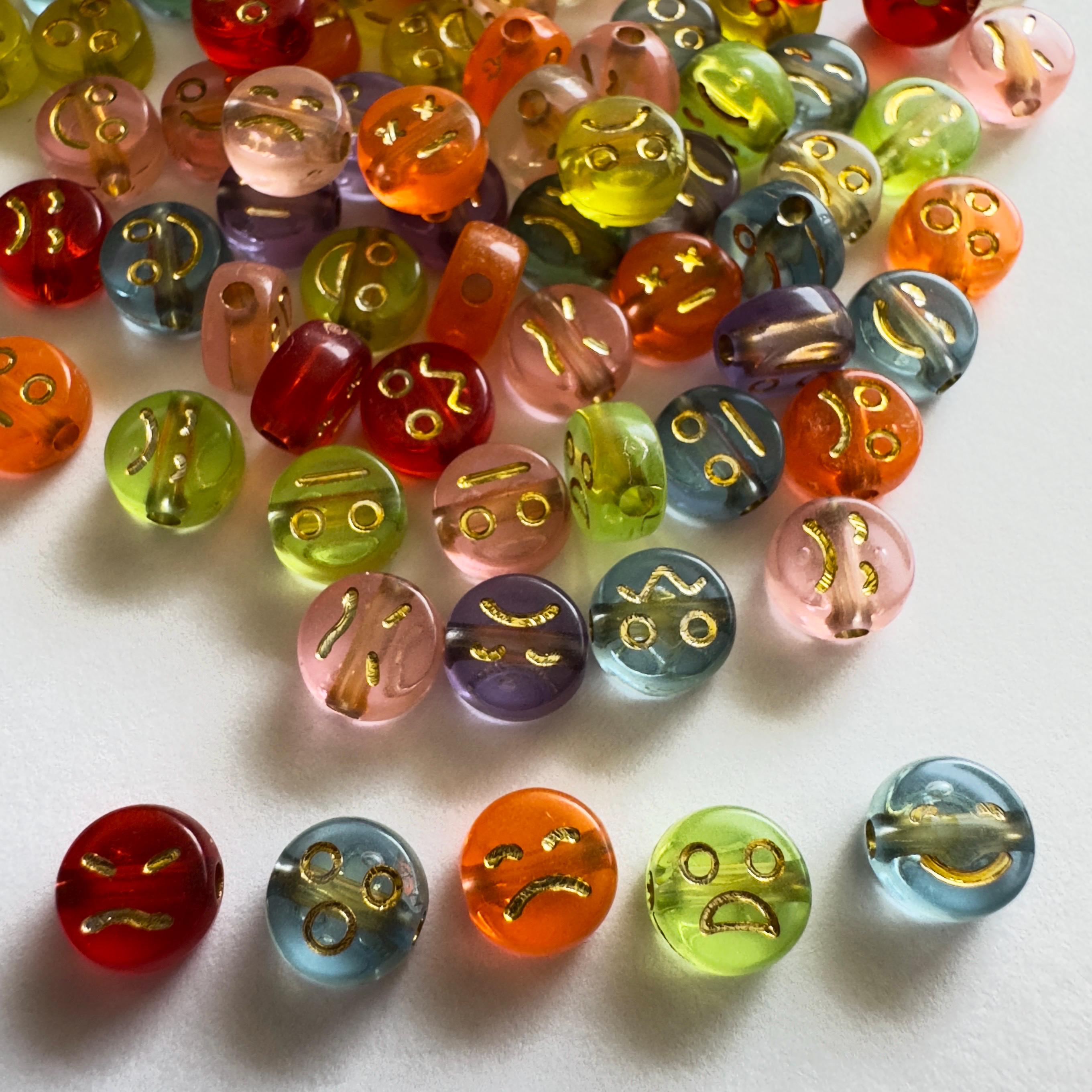 Colorful Metallic Emoji Beads - Transparent Acrylic Funny Face Beads, Gold Inlay, 7x4mm, 100 pcs