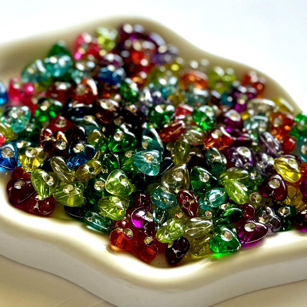 Tiny Translucent Rhinestone Heart Beads, 55 pcs, 8mm
