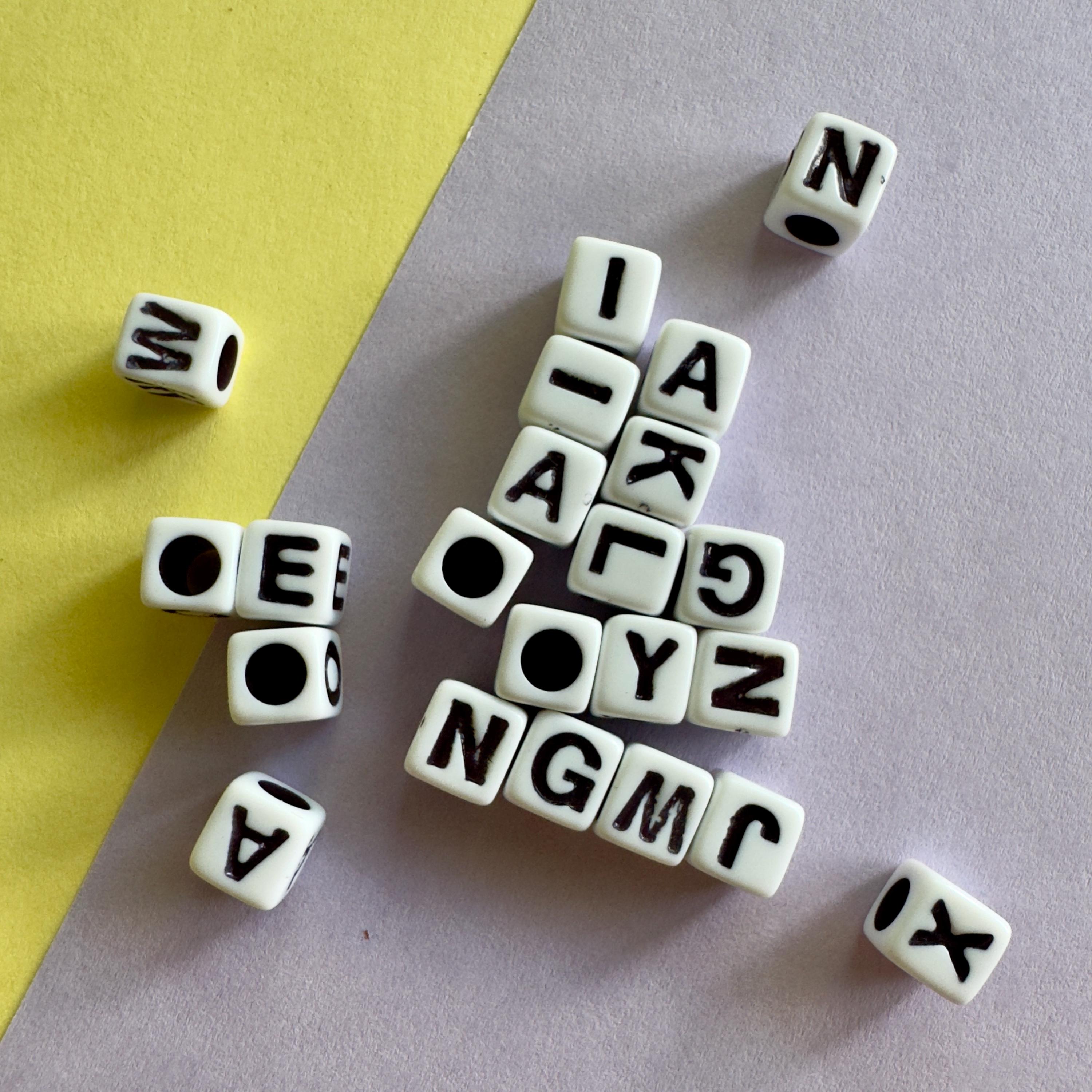 Vertical Alphabet Cube Beads: Black and White Plastic Letter Beads (6.5x6mm, 3.5mm Hole)