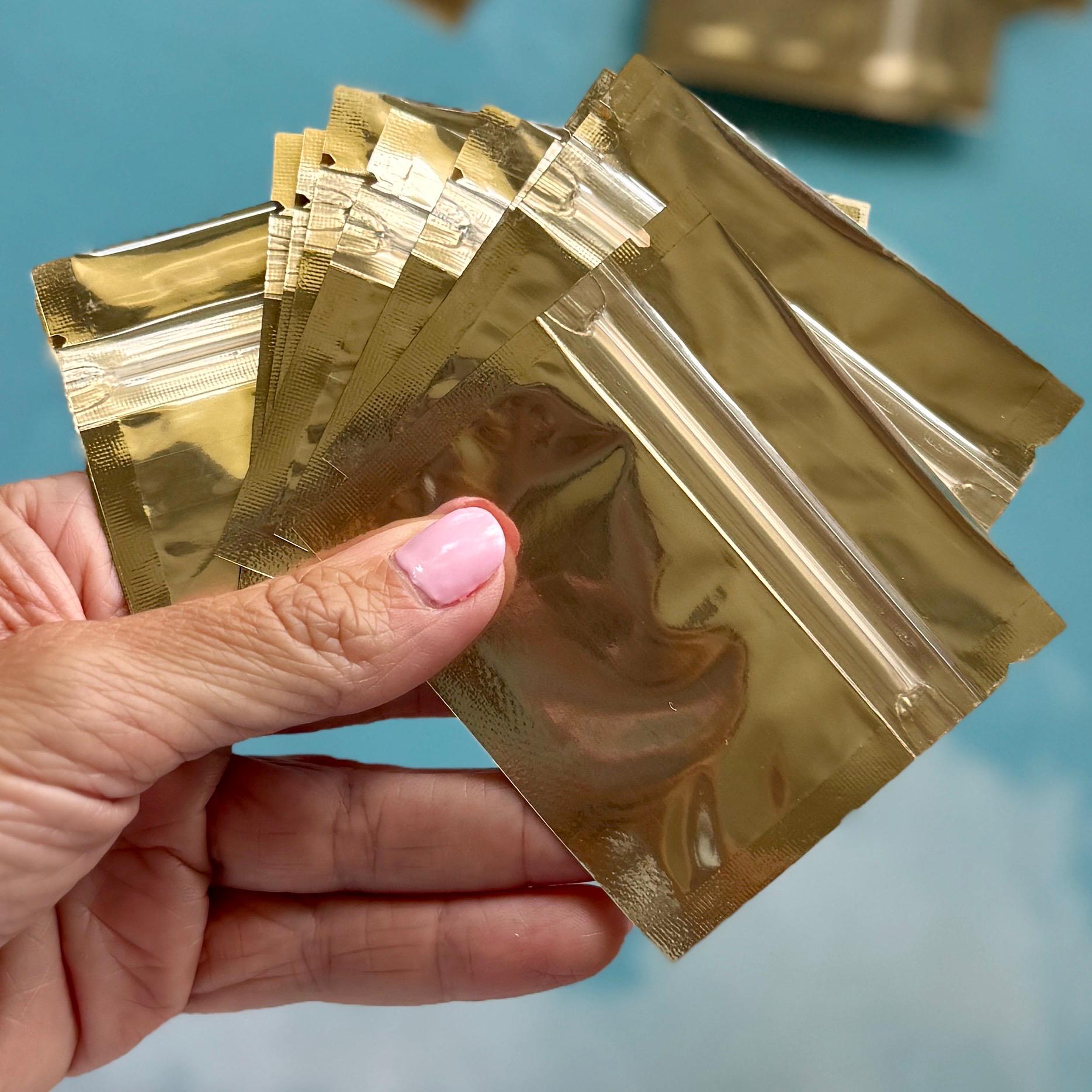 Qty 25 Gold Mylar Zip Plastic Bags, 7.5x6.5cm