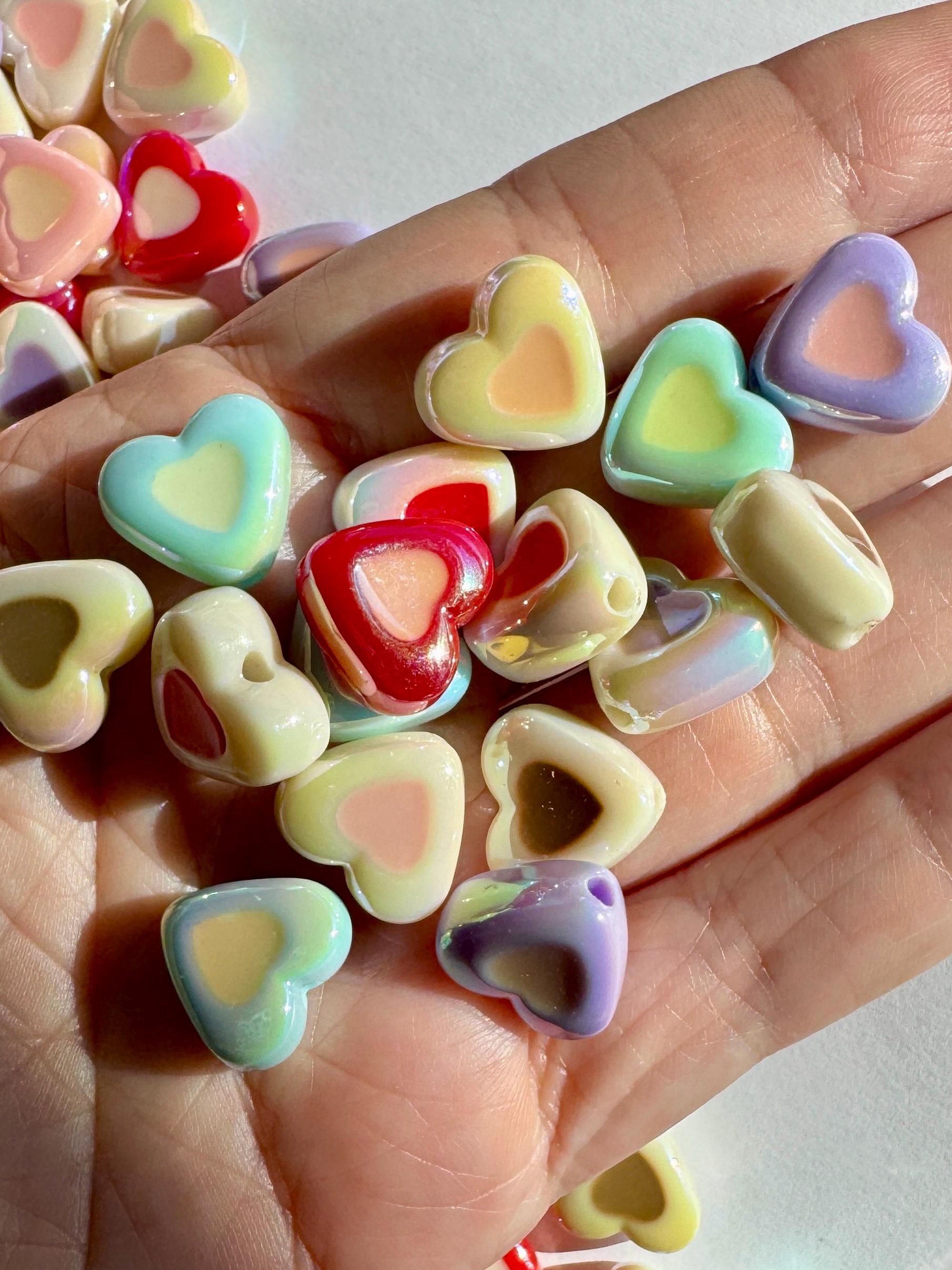 20 pcs Two-Tone AB Heart Beads, Acrylic and Enamel, Mixed Colors, 13x14.5x7mm, Hole: 2mm