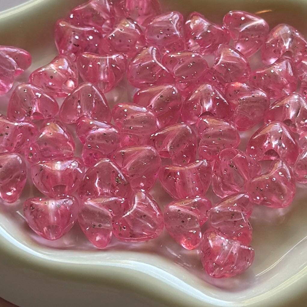 Pink Glitter Pony Heart Beads, 9mm, 3.5mm hole for Kandi, Crafts, Kids, 50 pcs