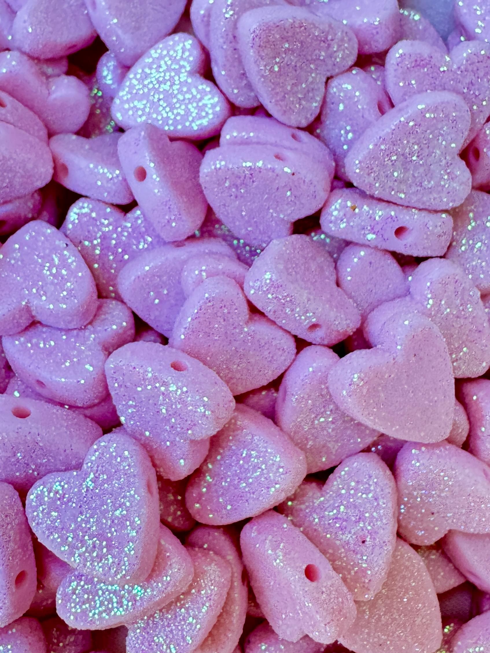 Pink Glitter Heart Beads, Acrylic, Horizontal Hole, 13.5x13x5mm, Hole: 1.5mm, 25 pcs