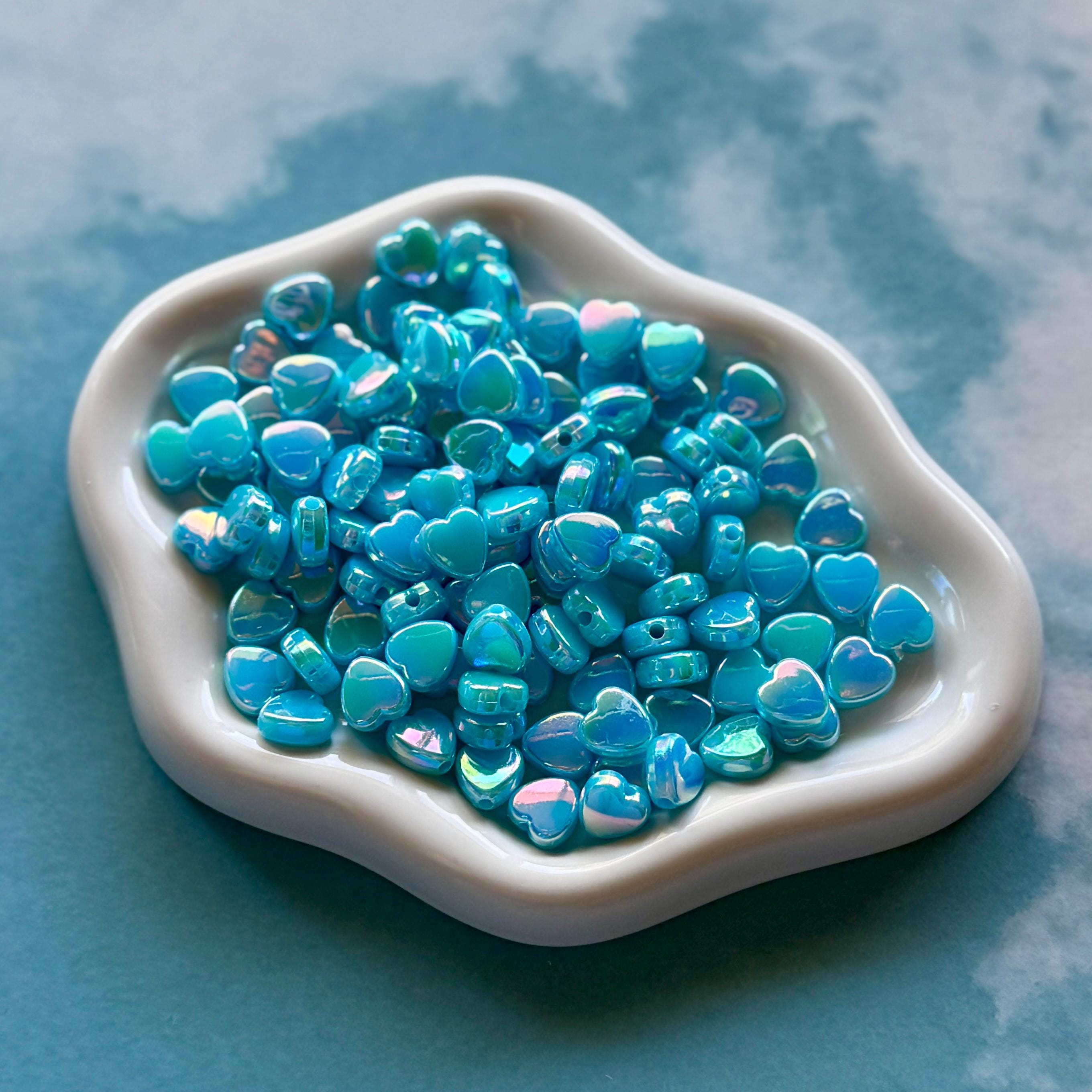 Blue 9mm Heart Beads, AB Plated, Hole: 1.6mm, 100 pcs