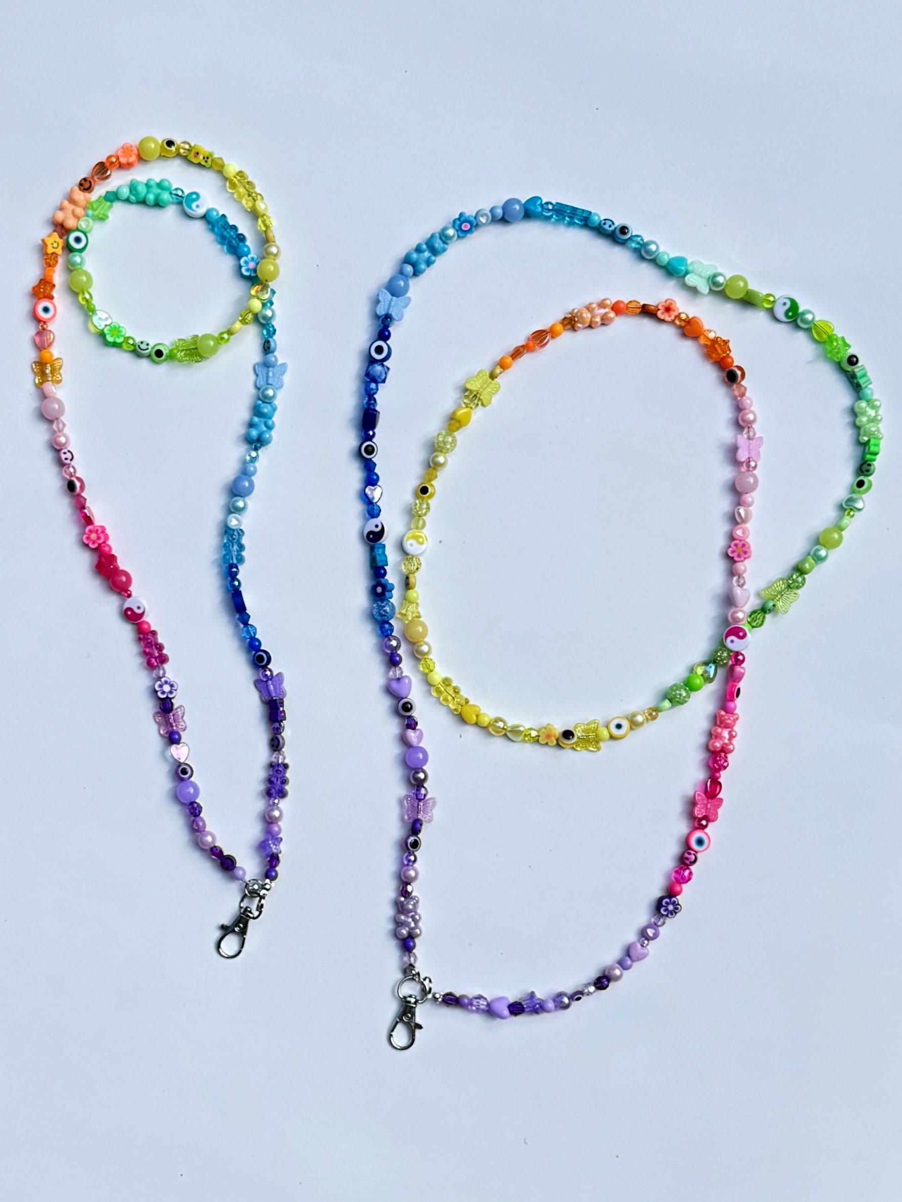 Rainbow Ombré Custom Beaded Lanyard with Vertical Name Beads, Personalized Teacher Gift, Nurse ID Badge Holder, Y2K Kandi Kidcore Style