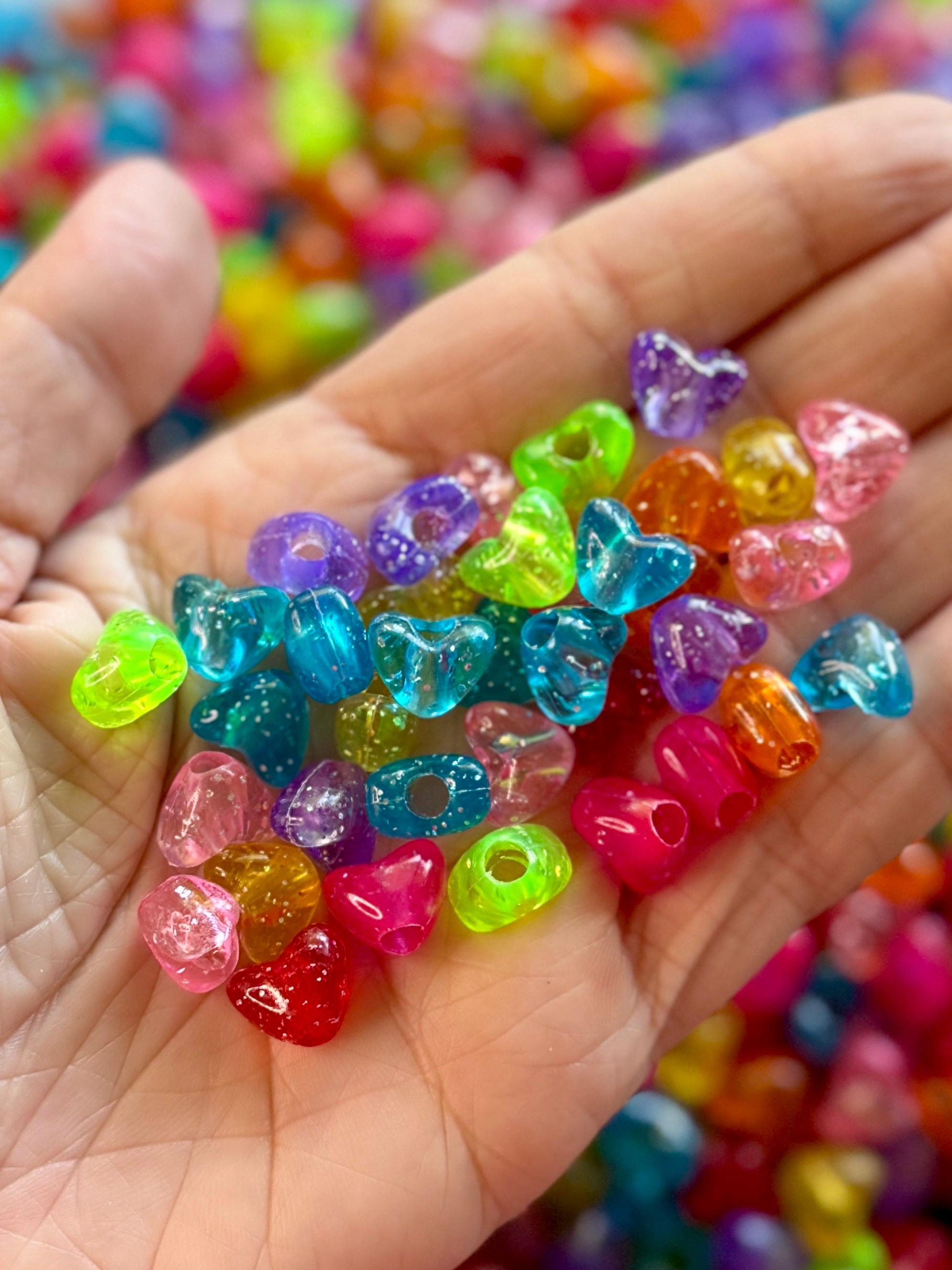 Glitter Pony Heart Beads, 9mm, 3.5mm hole for Kandi, Crafts, Kids, 100 pcs