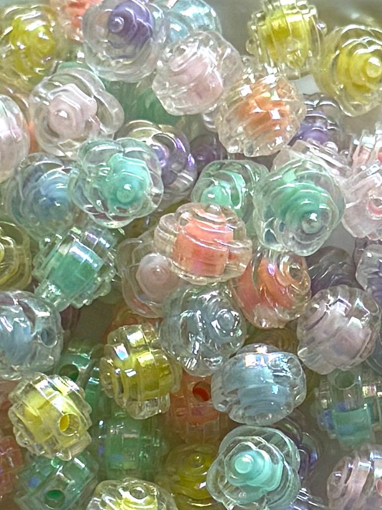 Flower Beads, AB Iridescent Finish, Acrylic, Mixed Colors, 11.5x11x10.5mm, Hole: 2mm, 30 pcs