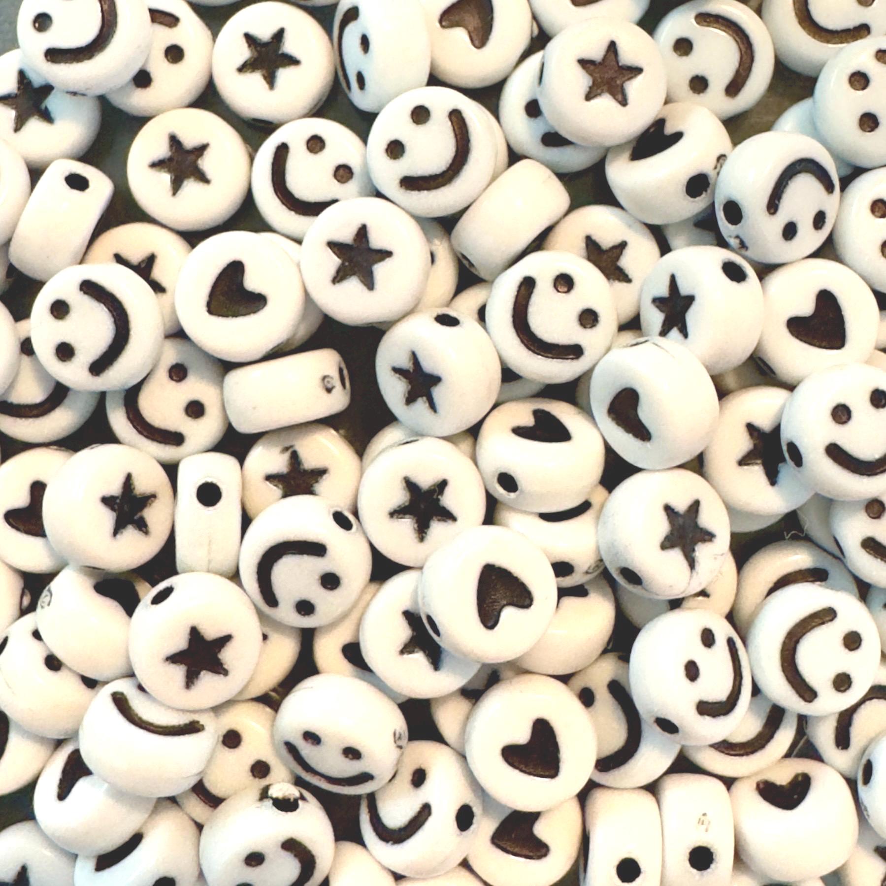 White Smiley Face Beads, Star Beads, Heart Beads, Acrylic Beads, 7x4mm, 1mm hole, 100 Pieces