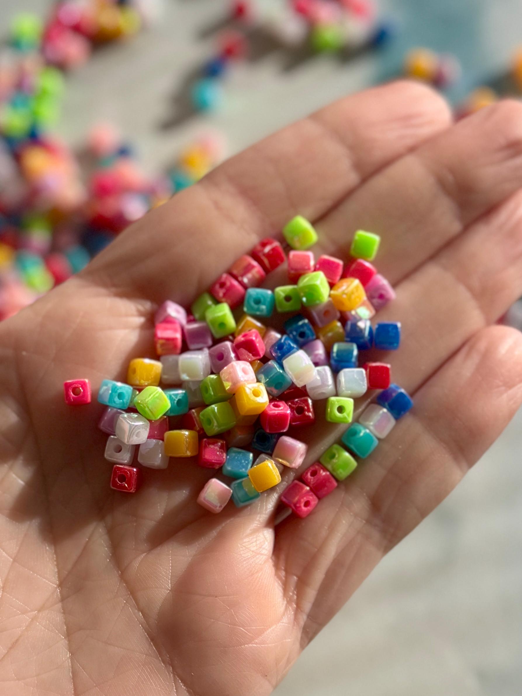 Tiny 4mm Cube Beads, AB Plated, 100 pcs, Hole: 1mm