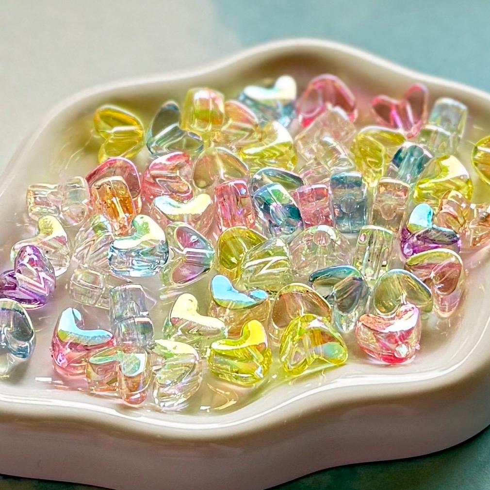 Dreamy Iridescent Heart Beads, 50 pcs, 9mm, Hole: 1.4mm, Rainbow Mix