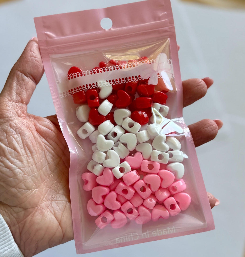 Pony Bead Heart Mix: White, Pink, Red Beads, 100 pcs