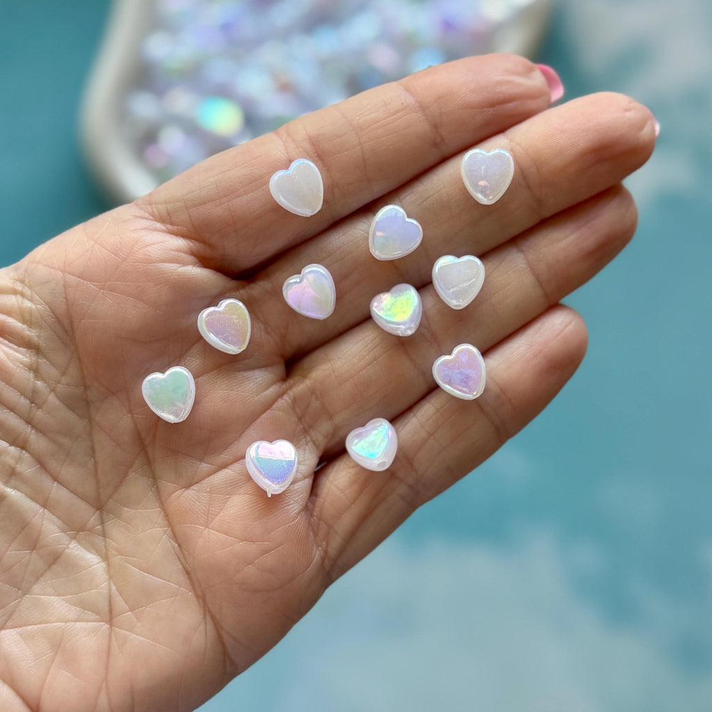 White 9mm Heart Beads, AB Plated, Hole: 1.6mm, 100 pcs