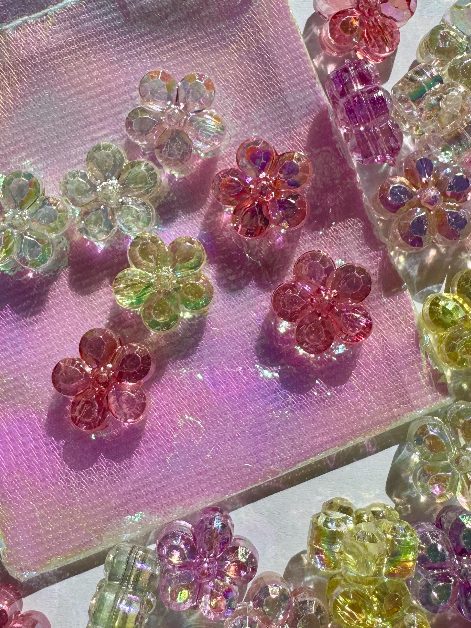 30pcs Transparent 14.5mm Flower Beads, Acrylic, AB Finish, Hole: 2.5mm