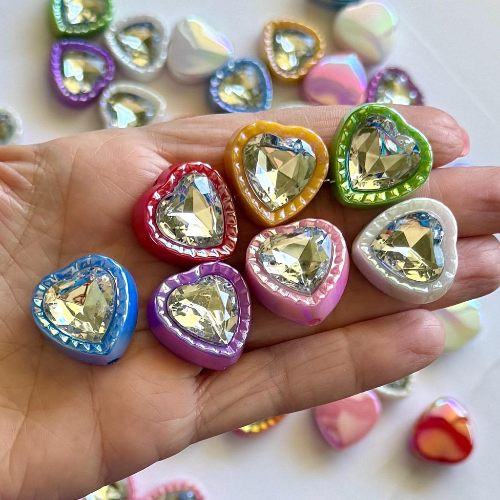 Iridescent Rhinestone Heart Beads for Kandi, Kawaii, DIY Jewelry (22.5mm, 2.5mm Hole), 1 piece