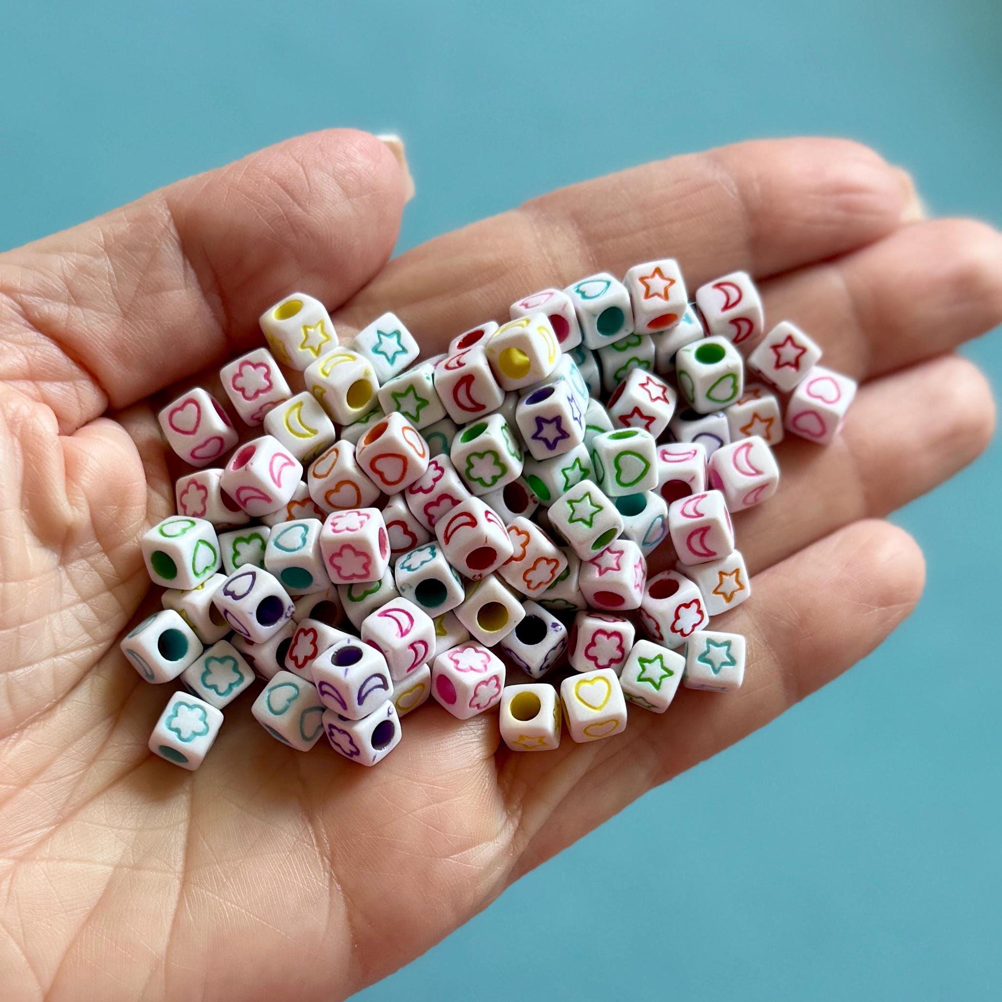 90 pcs Cube Beads! Star Flower Moon Heart, 6mm, 3mm hole