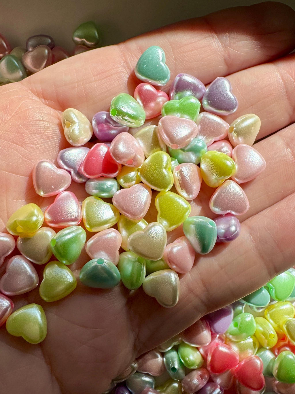 Pearlescent Heart Beads, Acrylic, Mixed Colors, 8.6x9x4.7mm, Hole: 1.5mm, 100 Pieces
