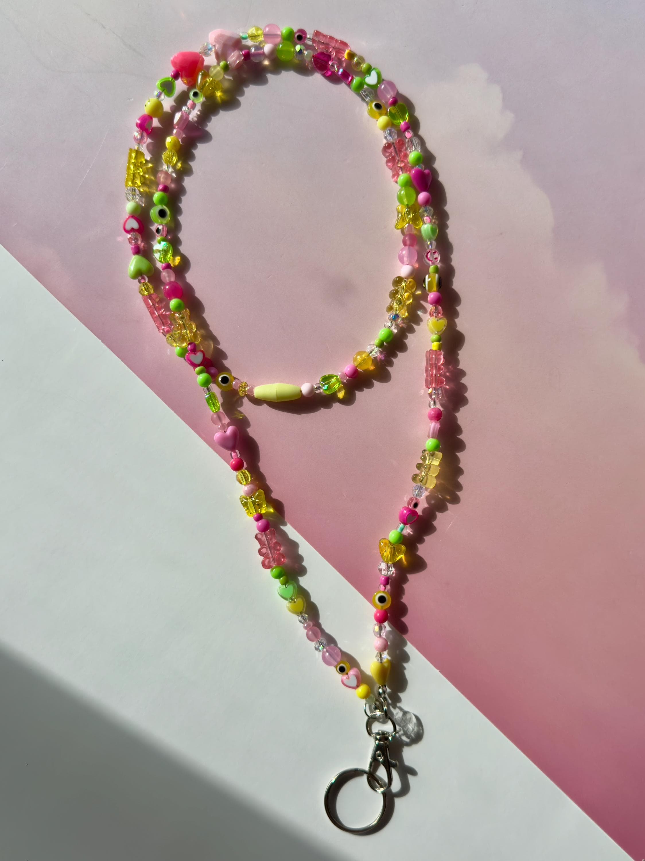 Pink, Green, & Yellow Custom Beaded Lanyard with Vertical Name Beads, Personalized Teacher Gift, Nurse ID Badge Holder, Y2K Style