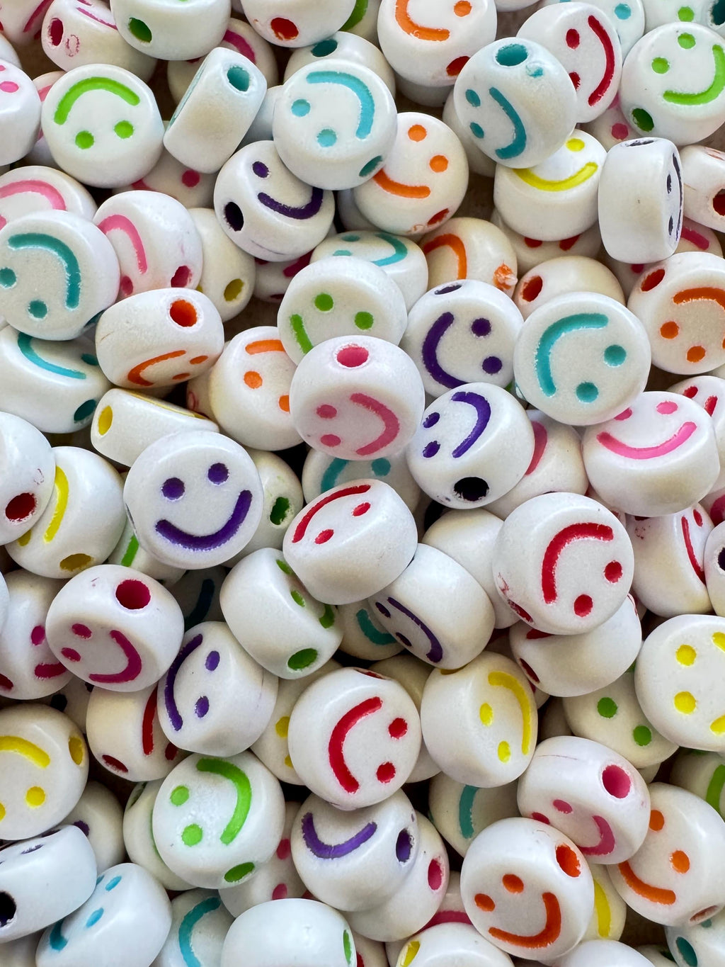 White Smiley Face Acrylic Beads, Mixed Colors, 10x5mm, 40 Pieces