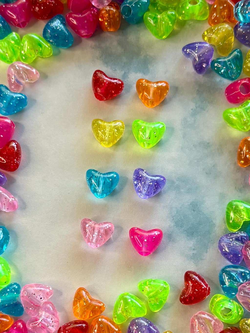 Glitter Pony Heart Beads, 9mm, 3.5mm hole for Kandi, Crafts, Kids, 100 pcs
