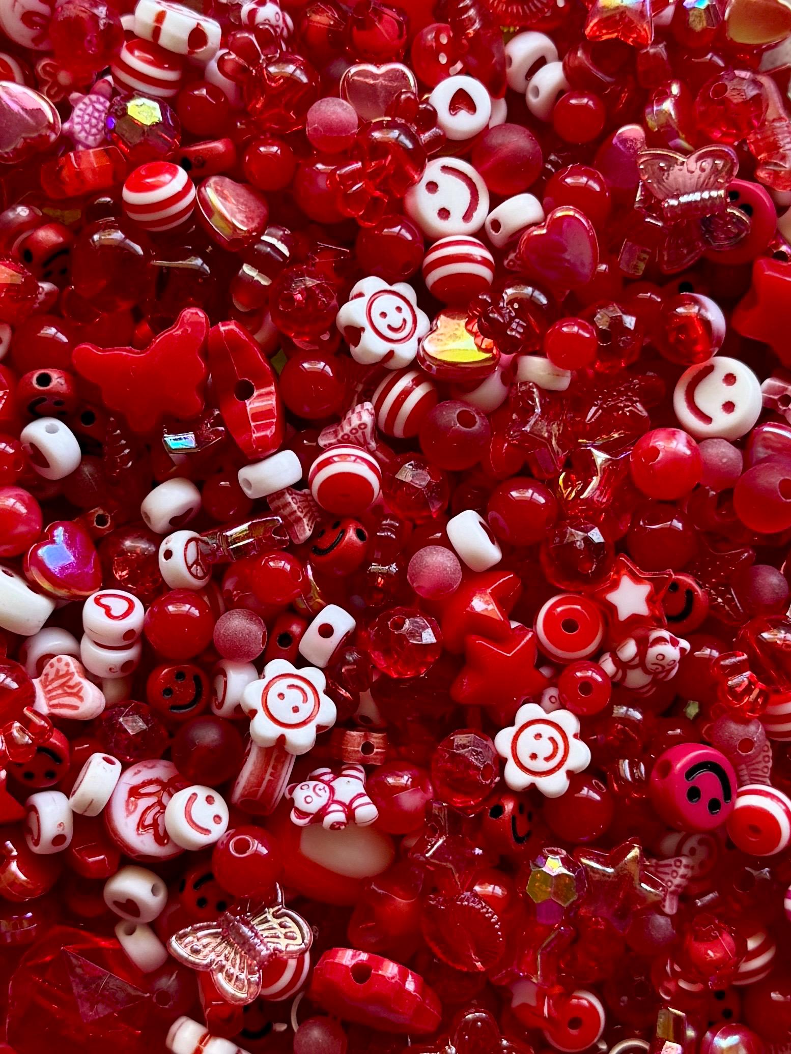 Red Acrylic Bead Mix, Smiley Face, Star, Heart Charms, Kandi Jewelry Making, 6-20mm