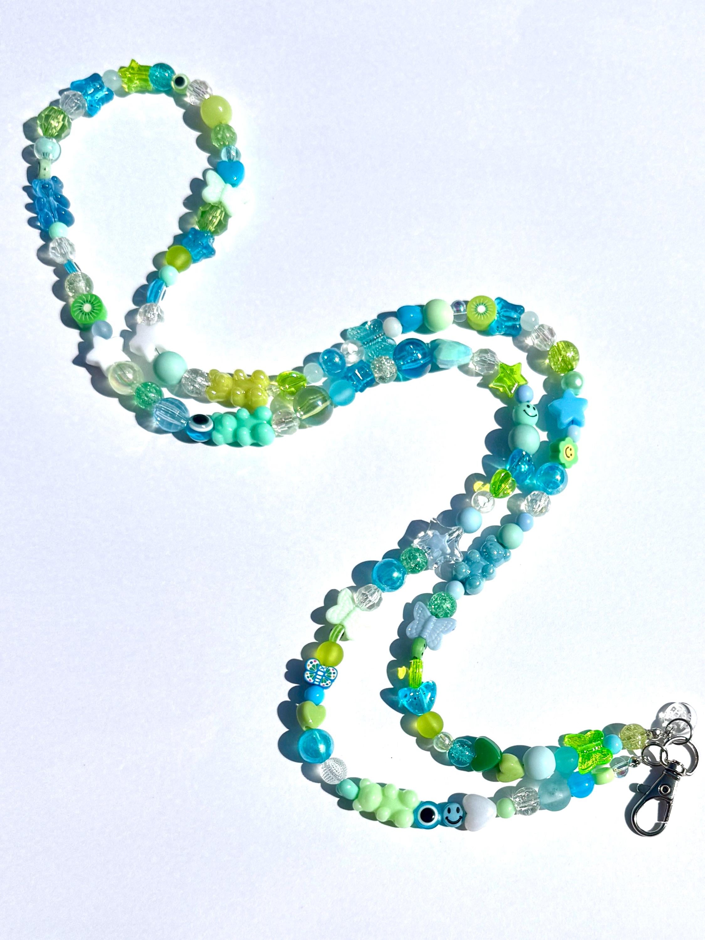 Custom Beaded Name Lanyard: Blue and Green Y2K Style Teacher Nurse ID Badge
