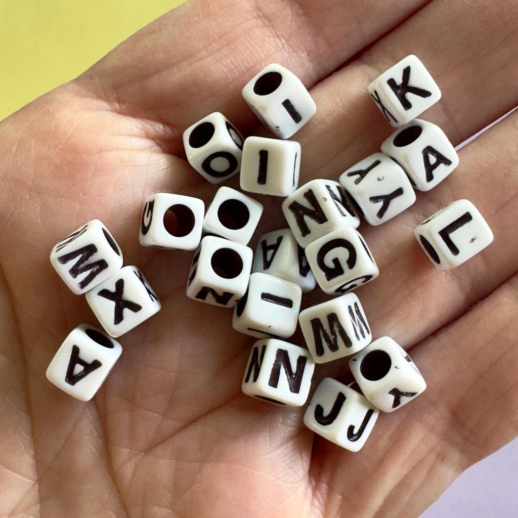 Vertical Alphabet Cube Beads: Black and White Plastic Letter Beads (6.5x6mm, 3.5mm Hole)