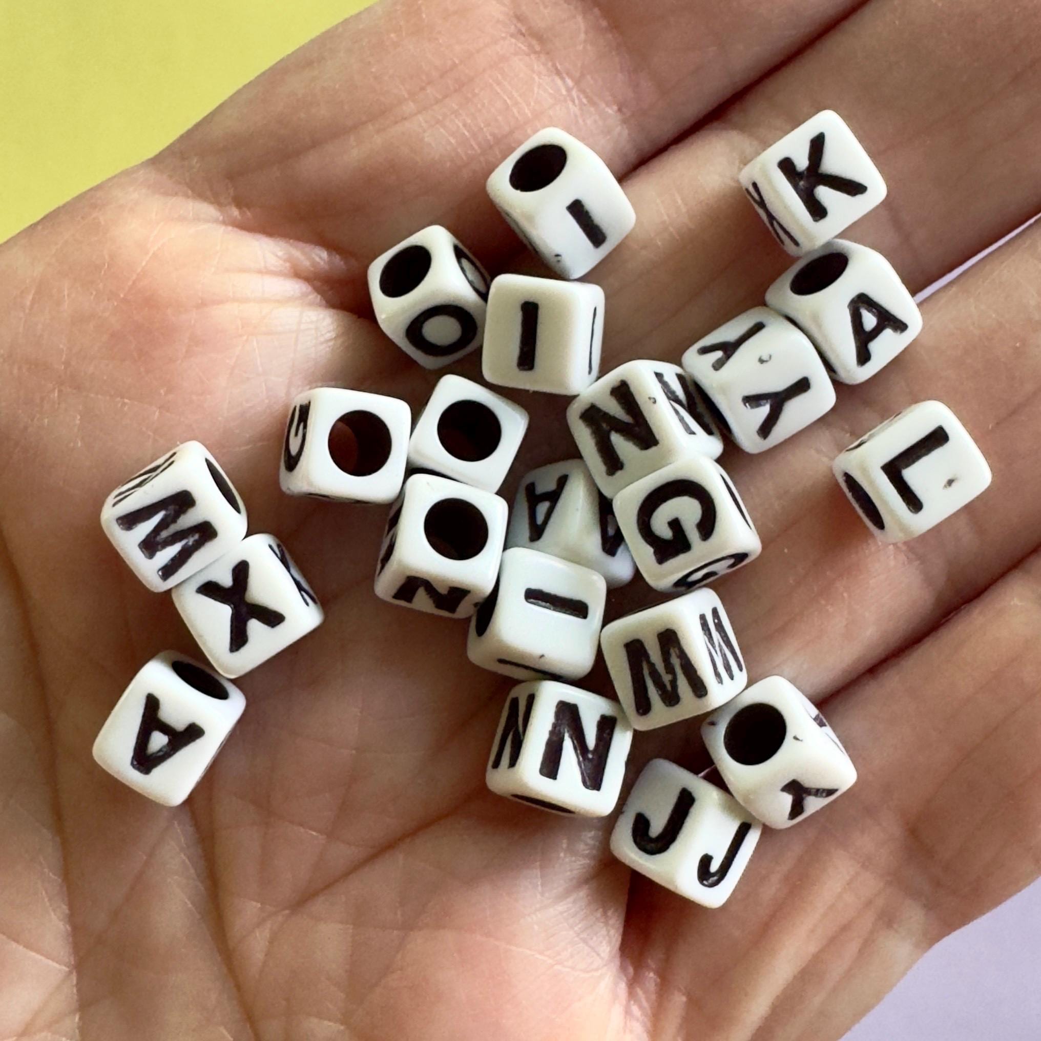 Vertical Alphabet Cube Beads: Black and White Plastic Letter Beads (6.5x6mm, 3.5mm Hole)