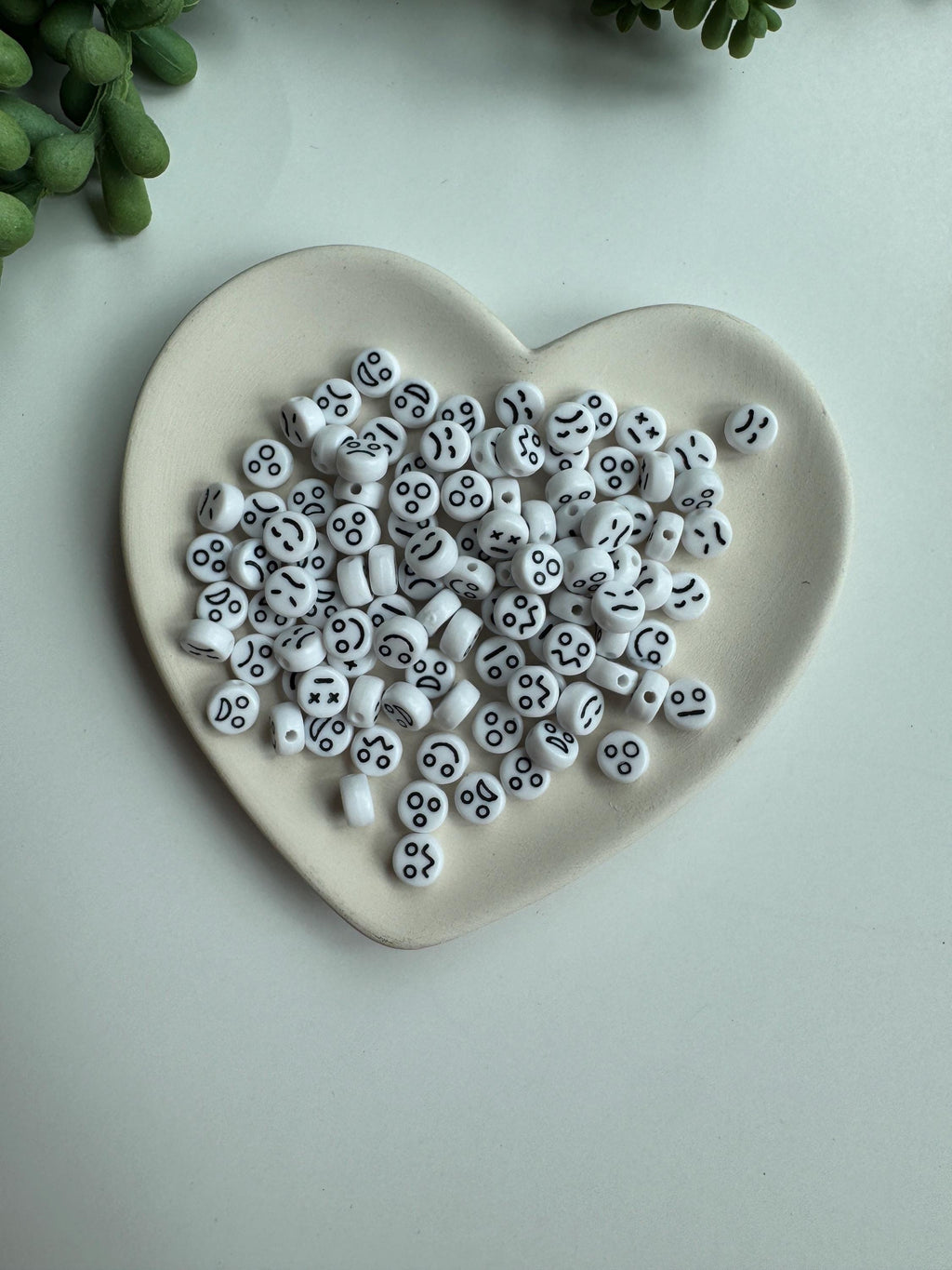 Emoji Beads - White Acrylic Funny Face Beads with Silver Inlay (7x4mm, 100 pcs)