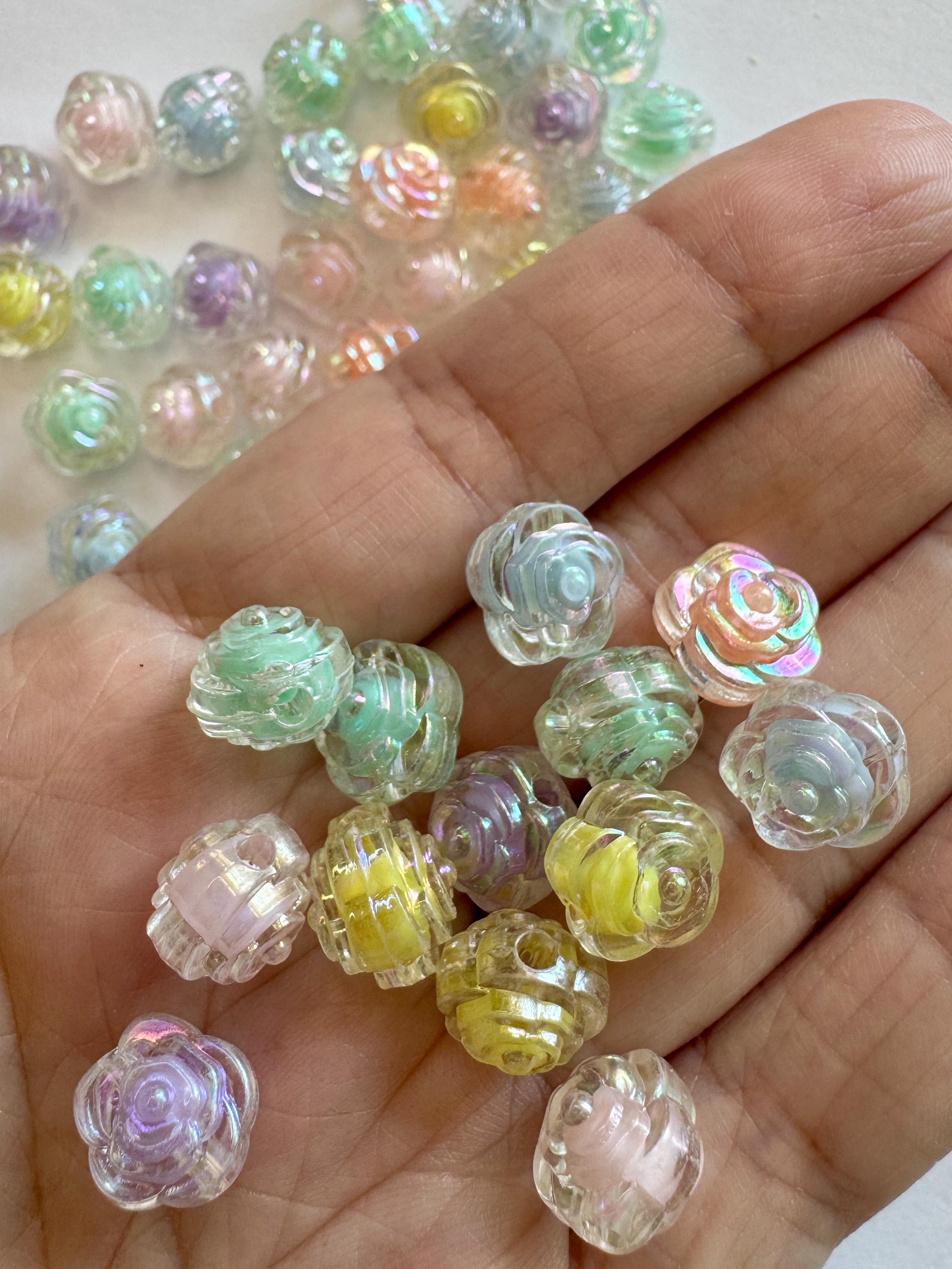 Flower Beads, AB Iridescent Finish, Acrylic, Mixed Colors, 11.5x11x10.5mm, Hole: 2mm, 30 pcs