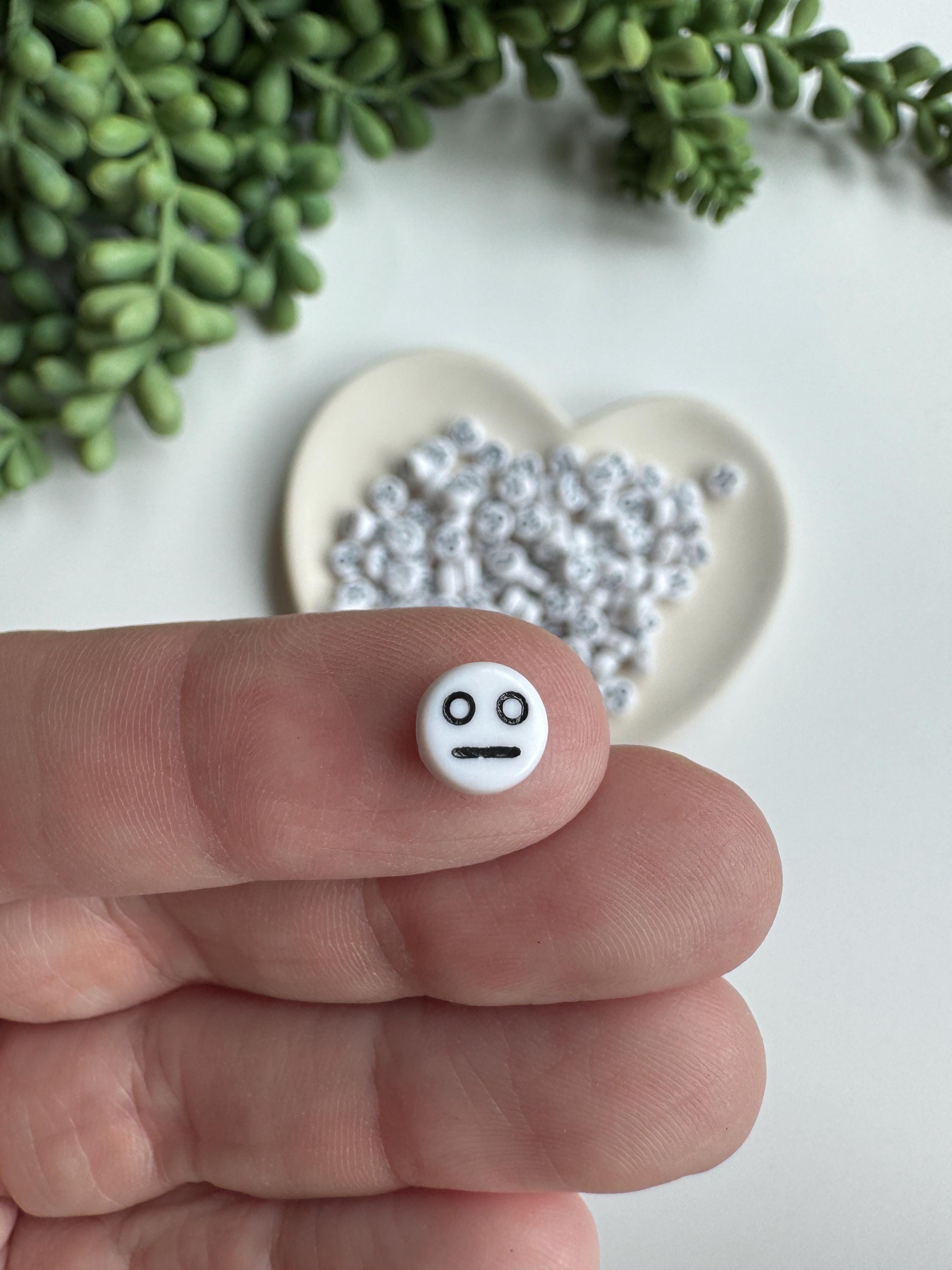 Emoji Beads - White Acrylic Funny Face Beads with Silver Inlay (7x4mm, 100 pcs)