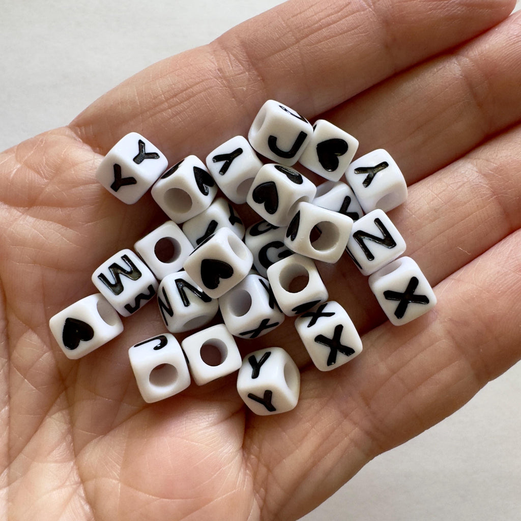 Alphabet Cube Beads: 7x7mm, 3.5mm hole, Acrylic, Black and White Letter Beads, DIY Jewelry Making (5pcs)