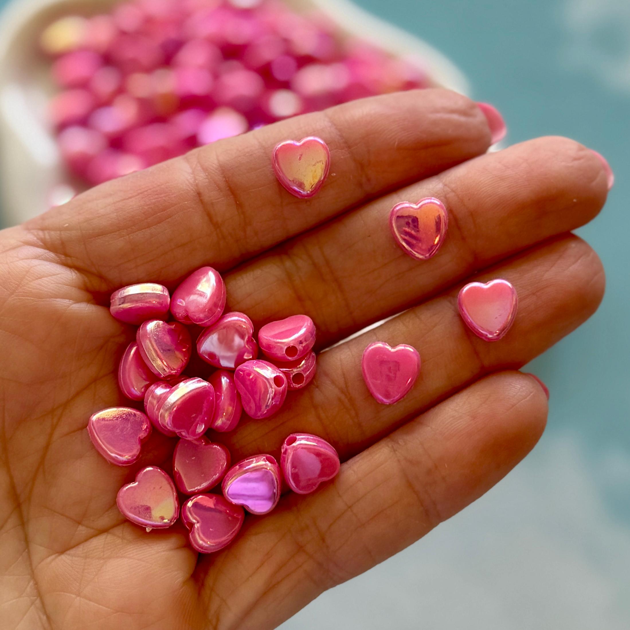 Pink 9mm Heart Beads, AB Plated, Hole: 1.6mm, 200 pcs